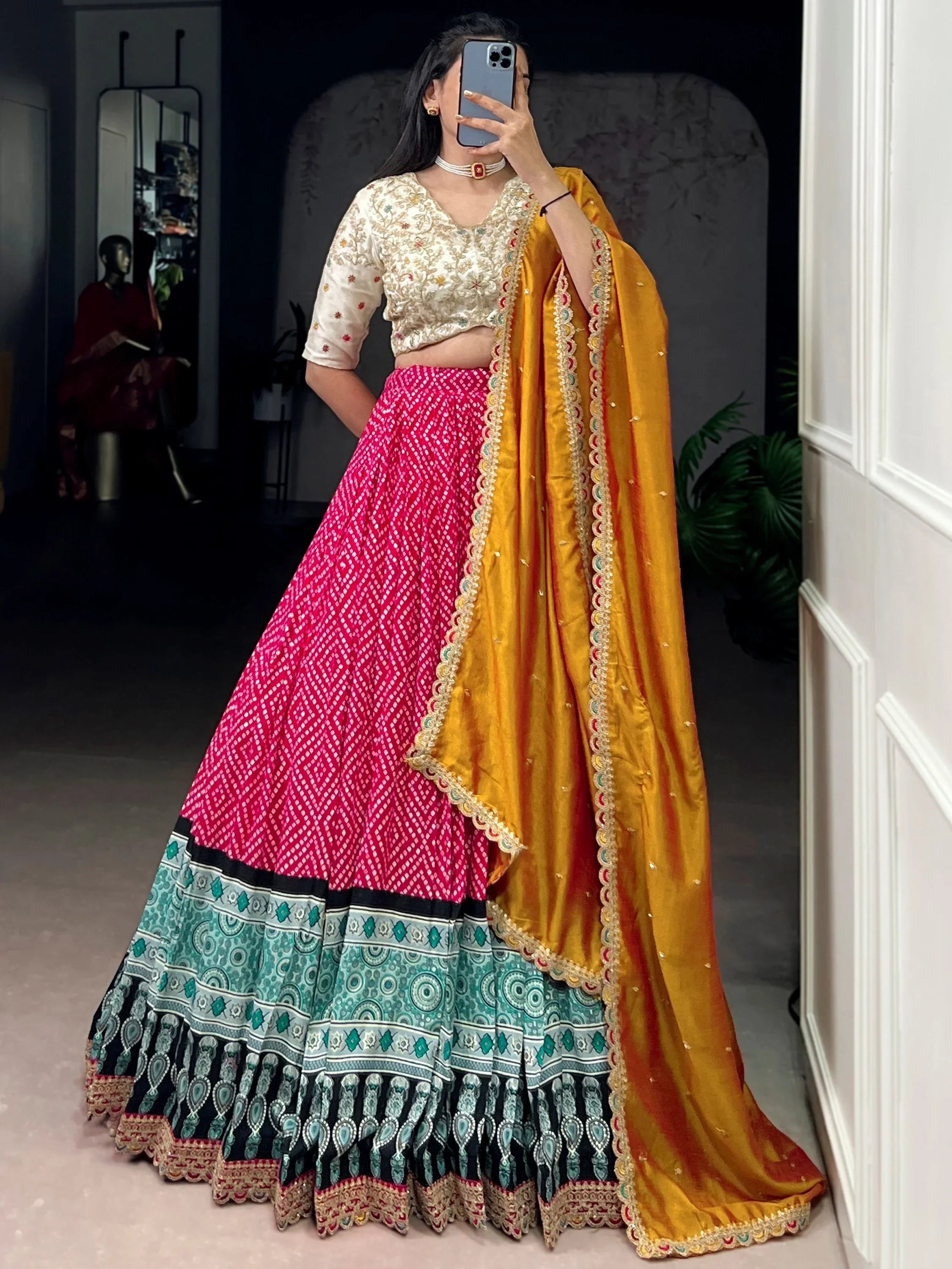 Pink Gorgeous Bandhani Printed Rayon Haldi Wear Lehenga Choli