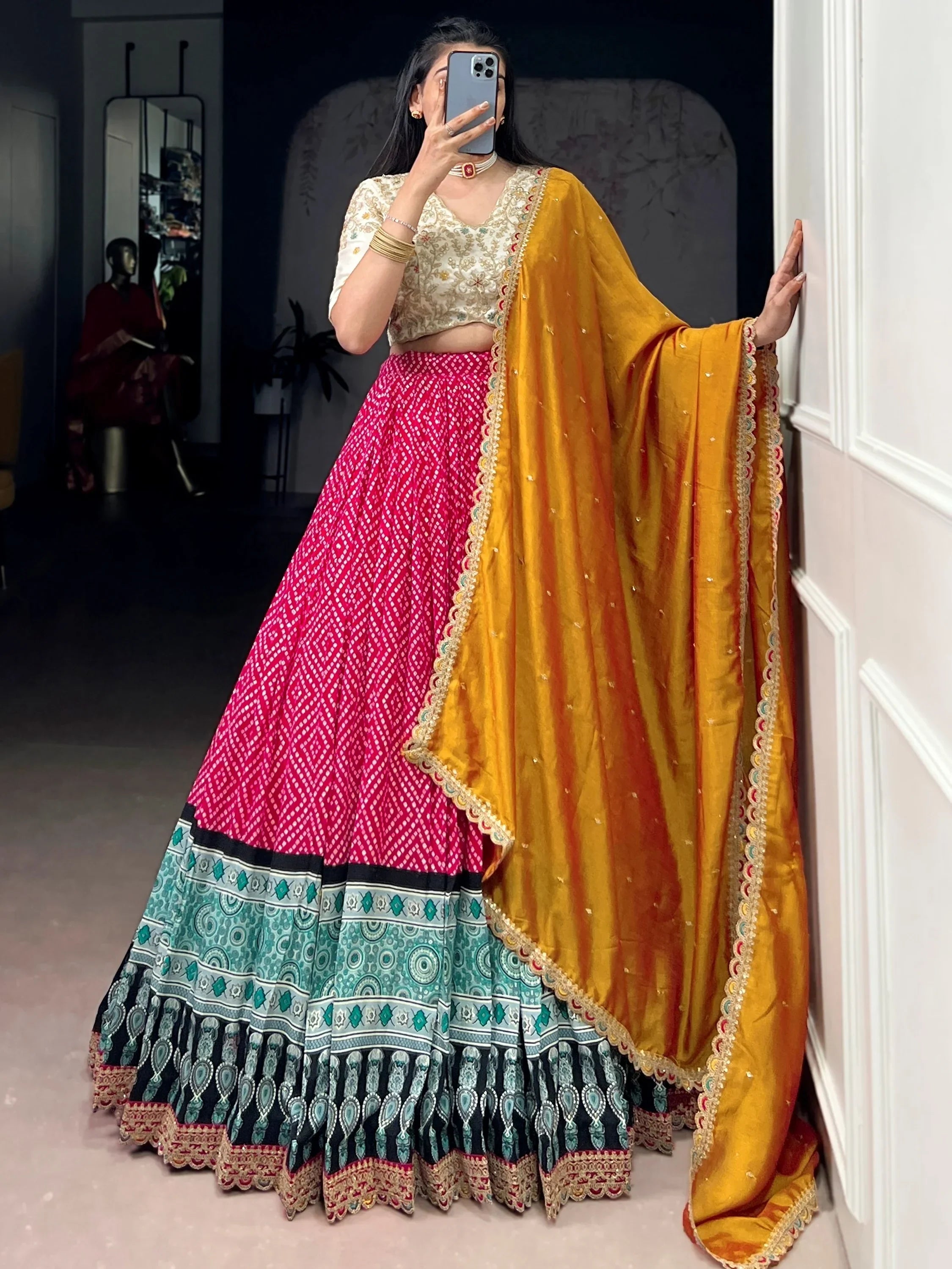 Pink Gorgeous Bandhani Printed Rayon Haldi Wear Lehenga Choli