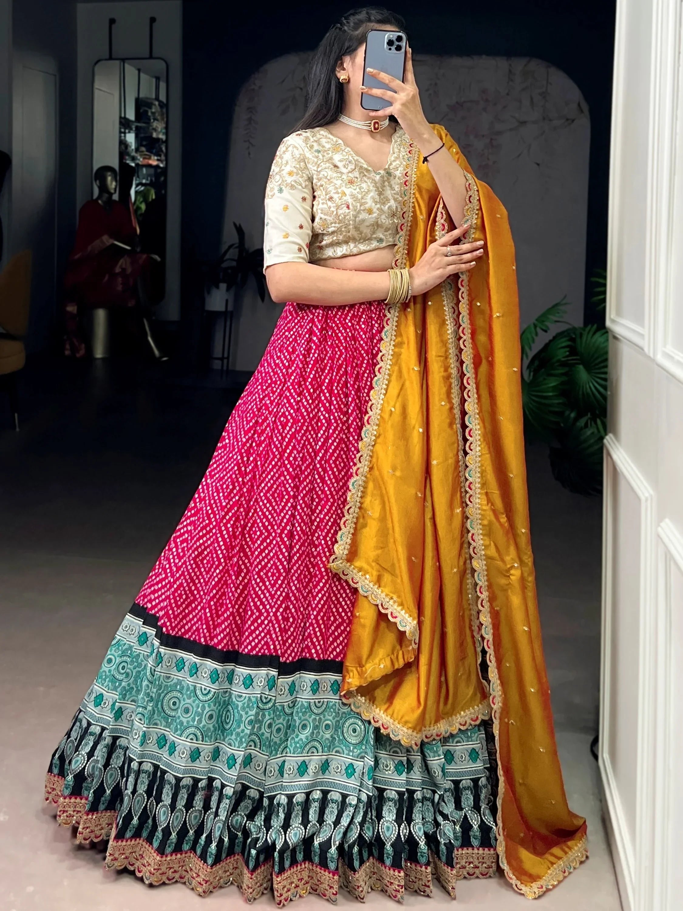 Pink Gorgeous Bandhani Printed Rayon Haldi Wear Lehenga Choli