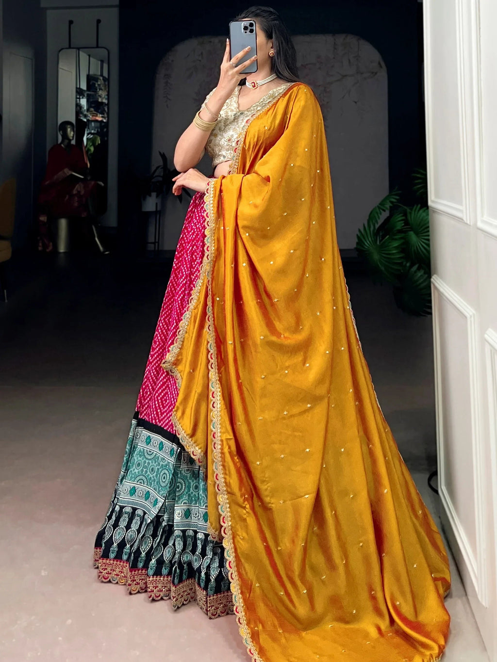 Pink Gorgeous Bandhani Printed Rayon Haldi Wear Lehenga Choli