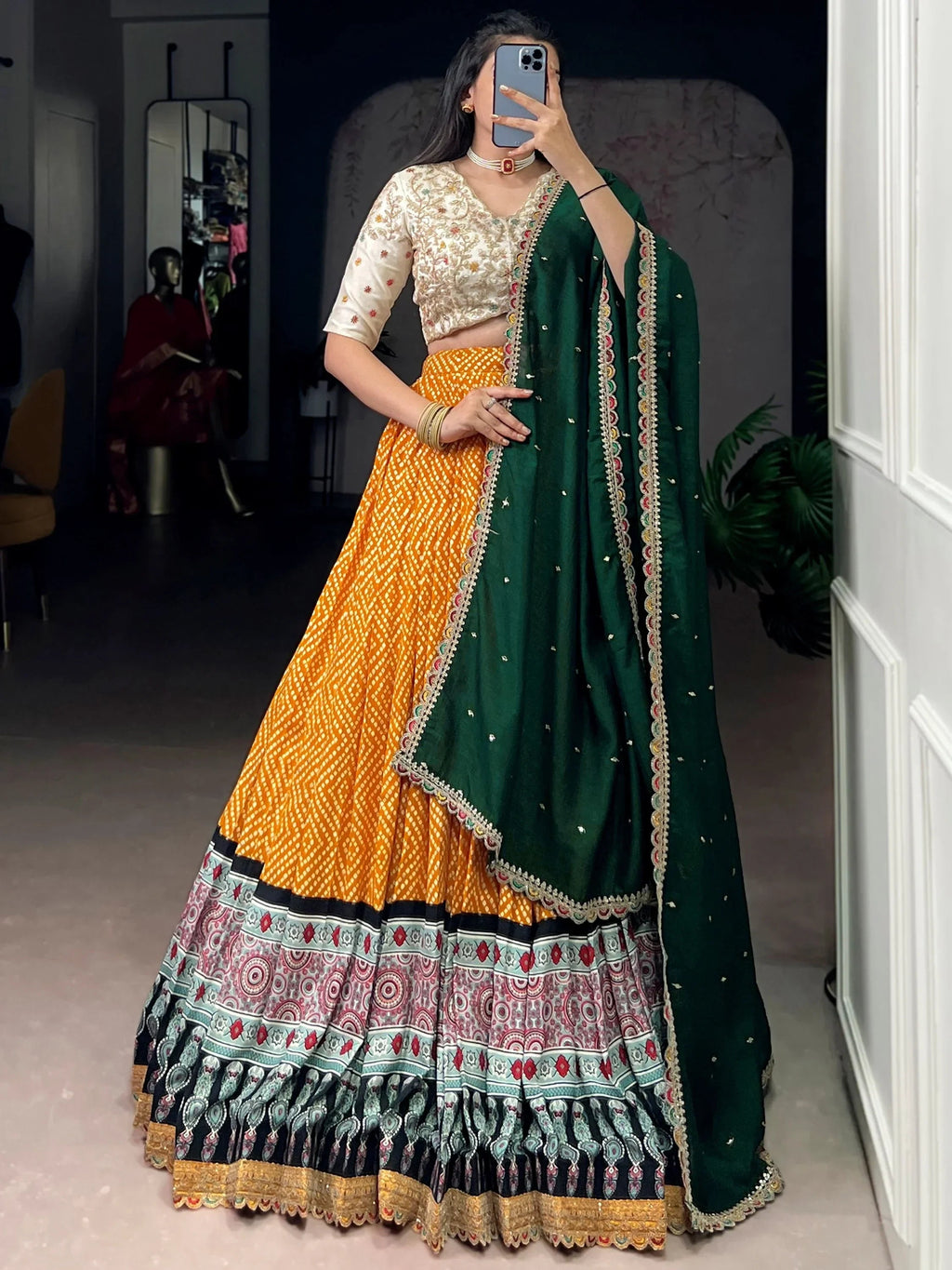 Yellow Gorgeous Bandhani Printed Rayon Haldi Wear Lehenga Choli