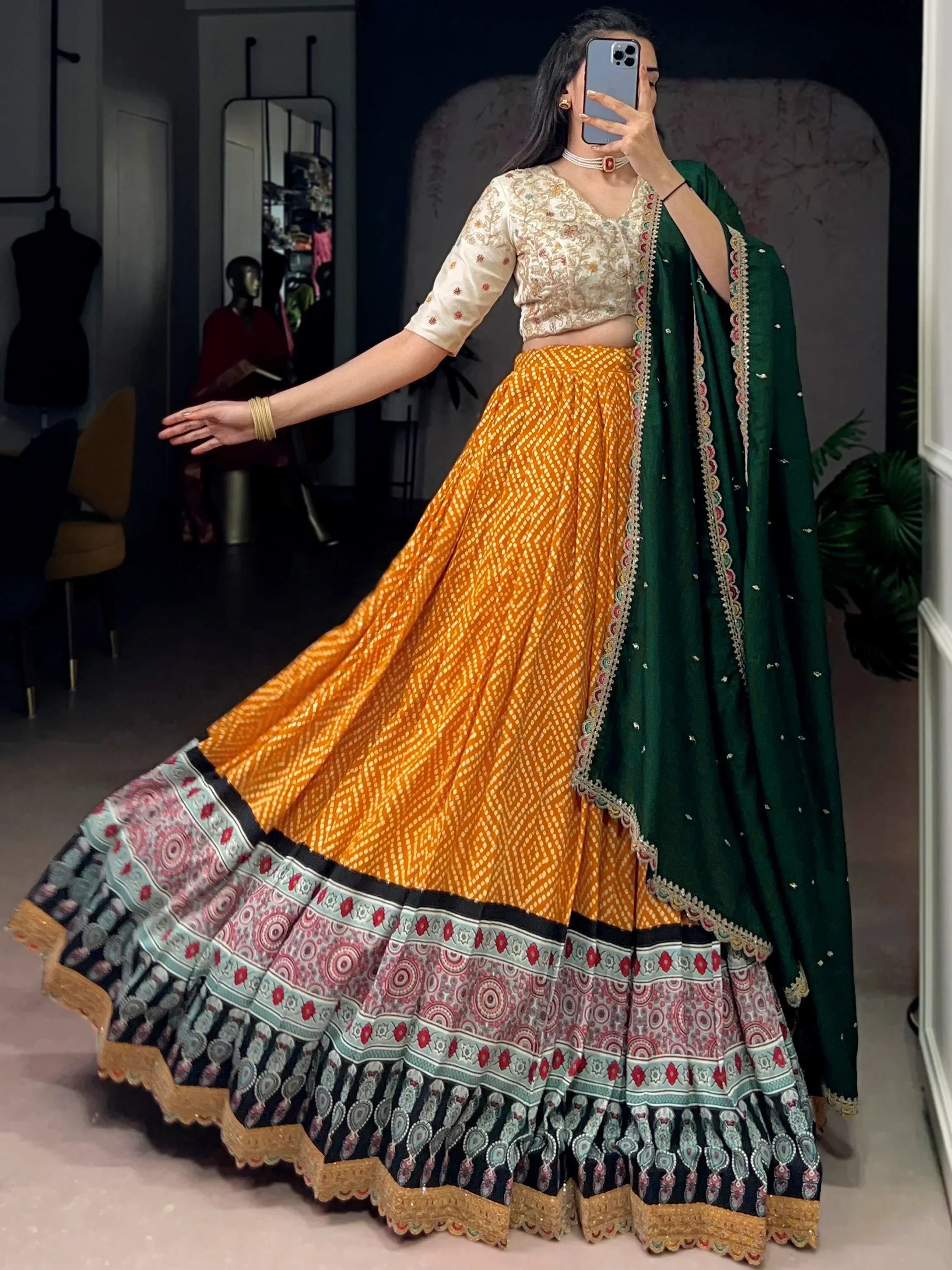 Yellow Gorgeous Bandhani Printed Rayon Haldi Wear Lehenga Choli
