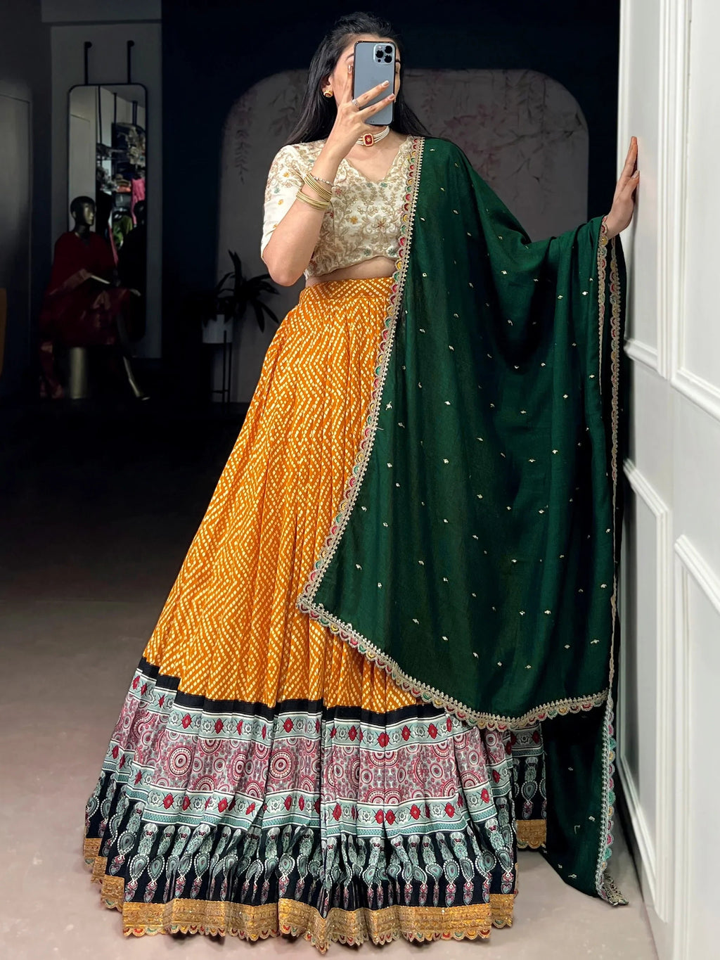 Yellow Gorgeous Bandhani Printed Rayon Haldi Wear Lehenga Choli