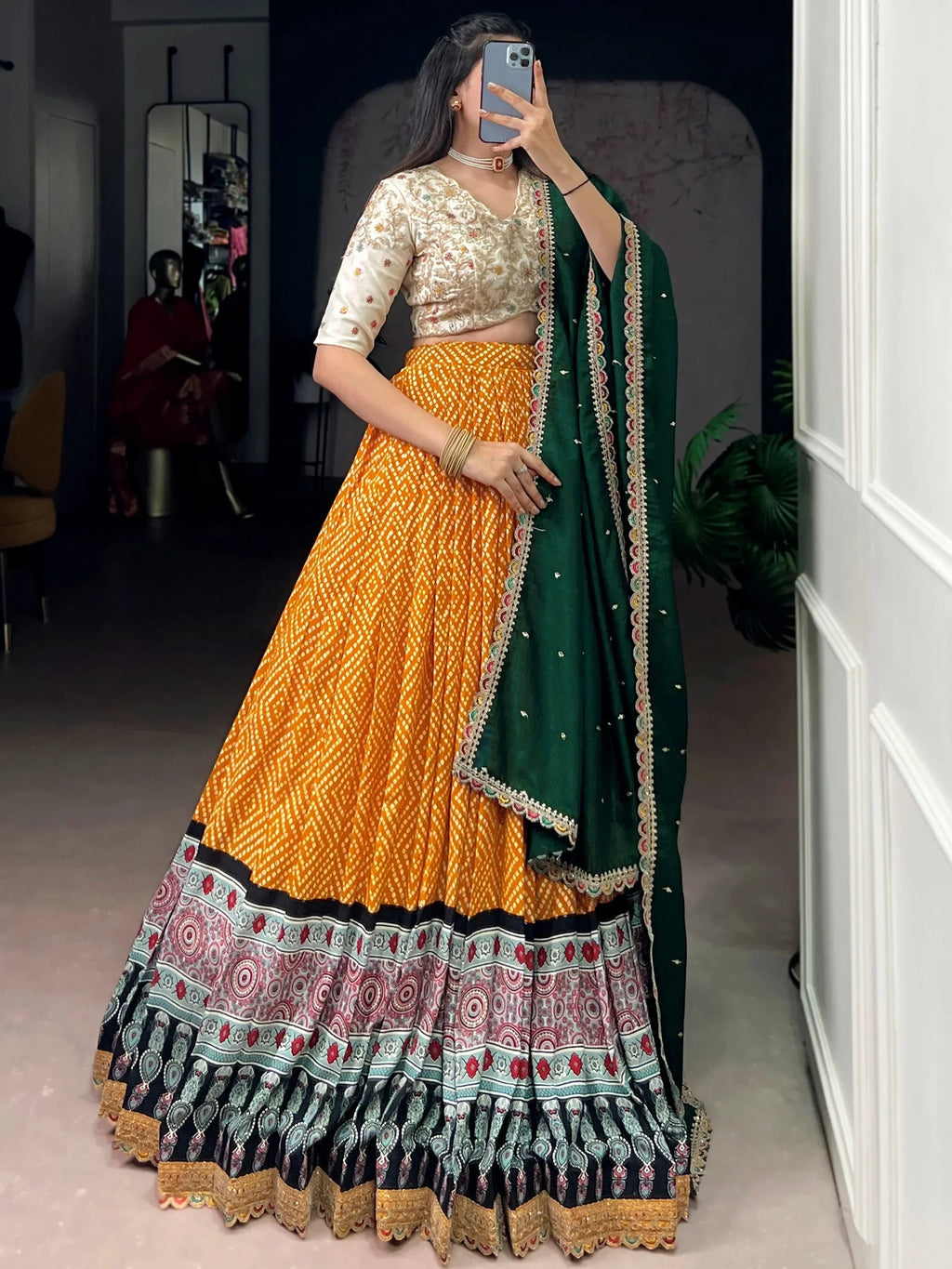Yellow Gorgeous Bandhani Printed Rayon Haldi Wear Lehenga Choli