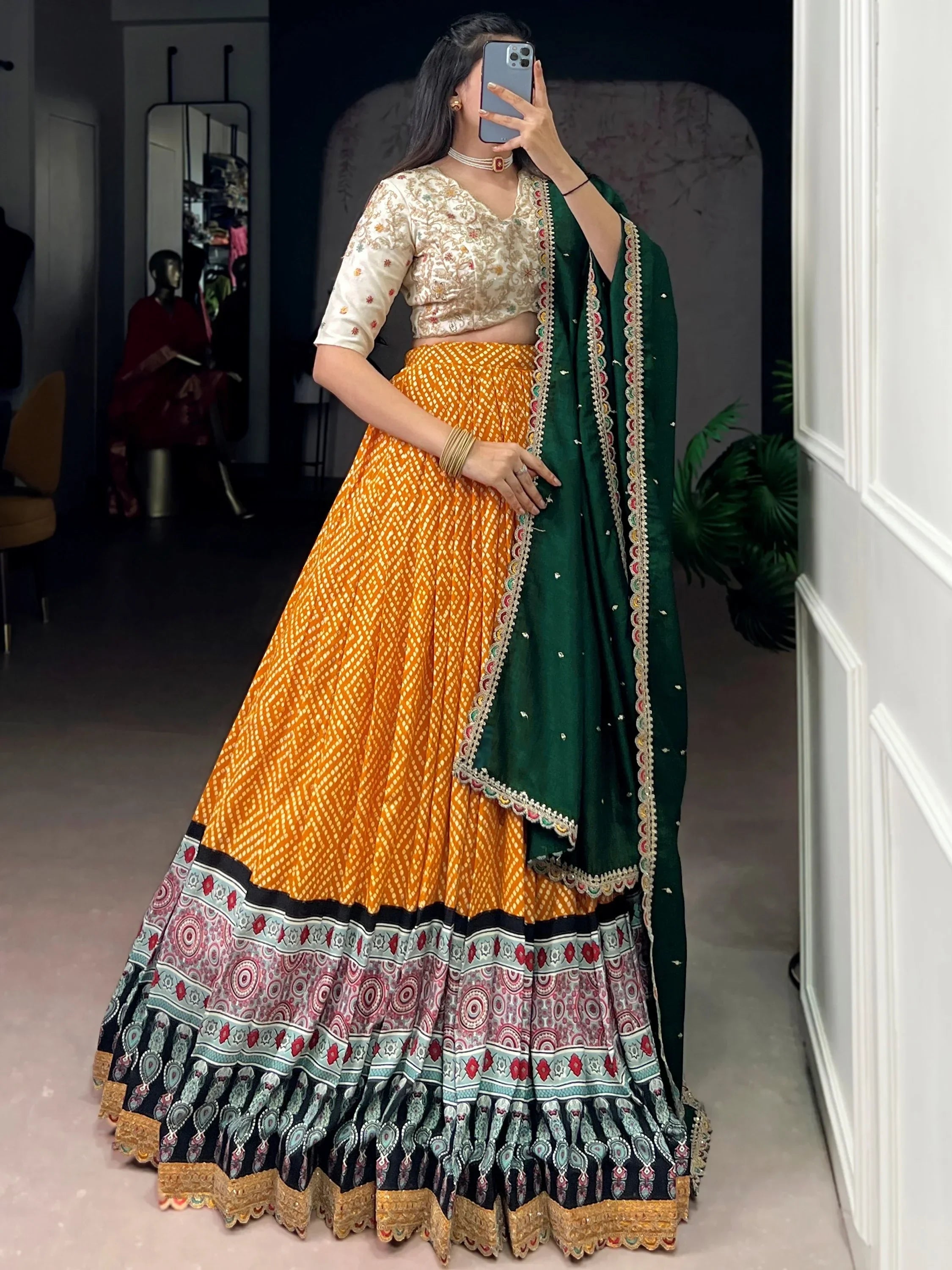 Yellow Gorgeous Bandhani Printed Rayon Haldi Wear Lehenga Choli
