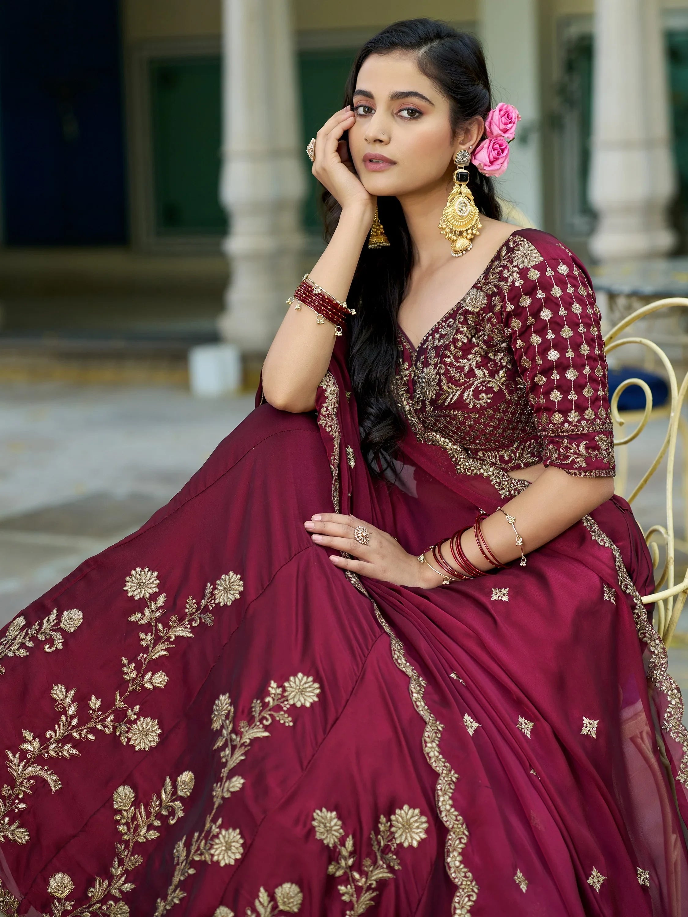 Maroon Elegant Sequins Work Silk Wedding Wear Lehenga Choli