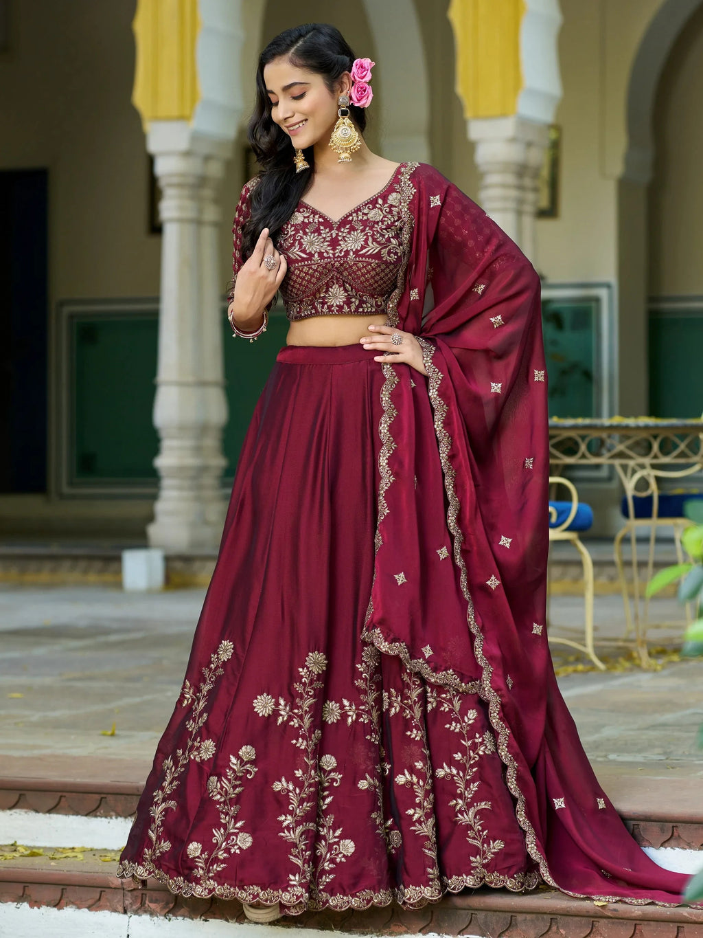 Maroon Elegant Sequins Work Silk Wedding Wear Lehenga Choli