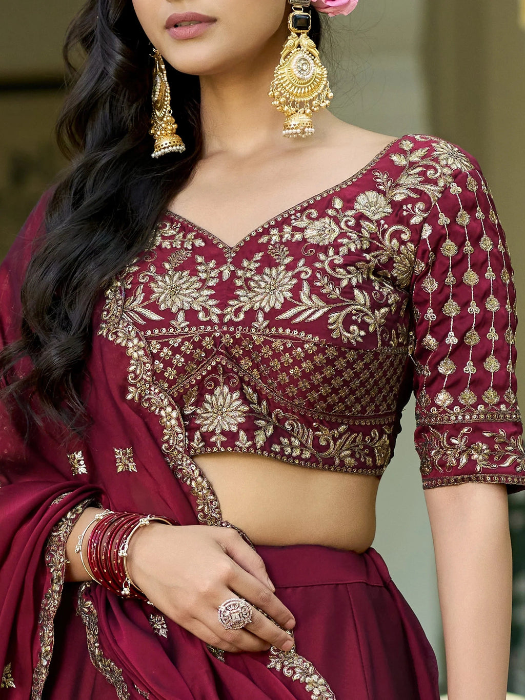 Maroon Elegant Sequins Work Silk Wedding Wear Lehenga Choli