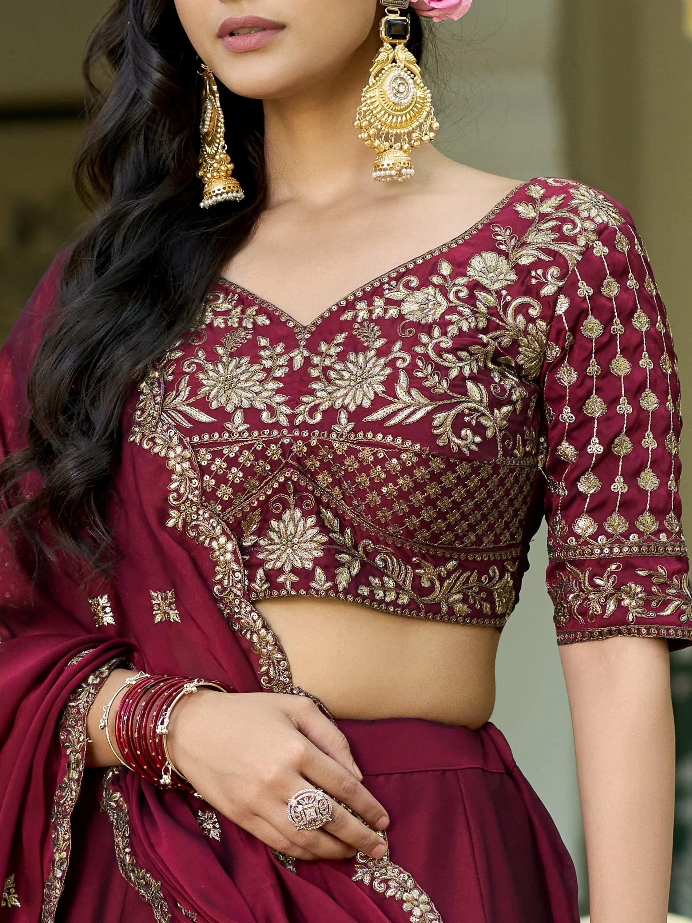 Maroon Elegant Sequins Work Silk Wedding Wear Lehenga Choli