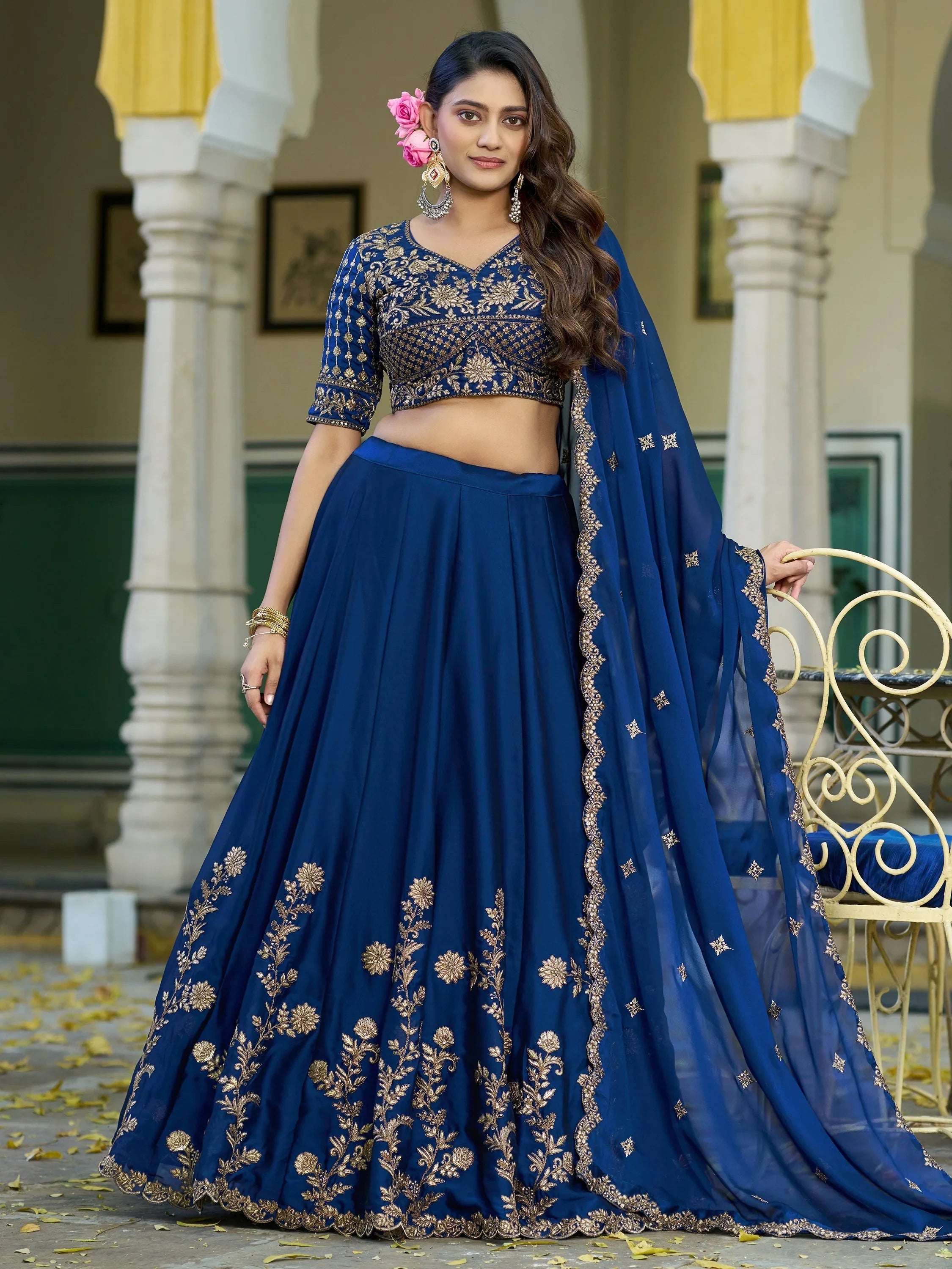 Blue Elegant Sequins Work Silk Wedding Wear Lehenga Choli