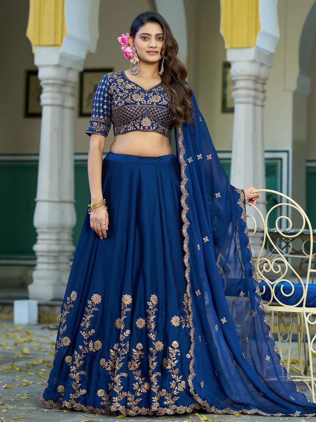 Blue Elegant Sequins Work Silk Wedding Wear Lehenga Choli