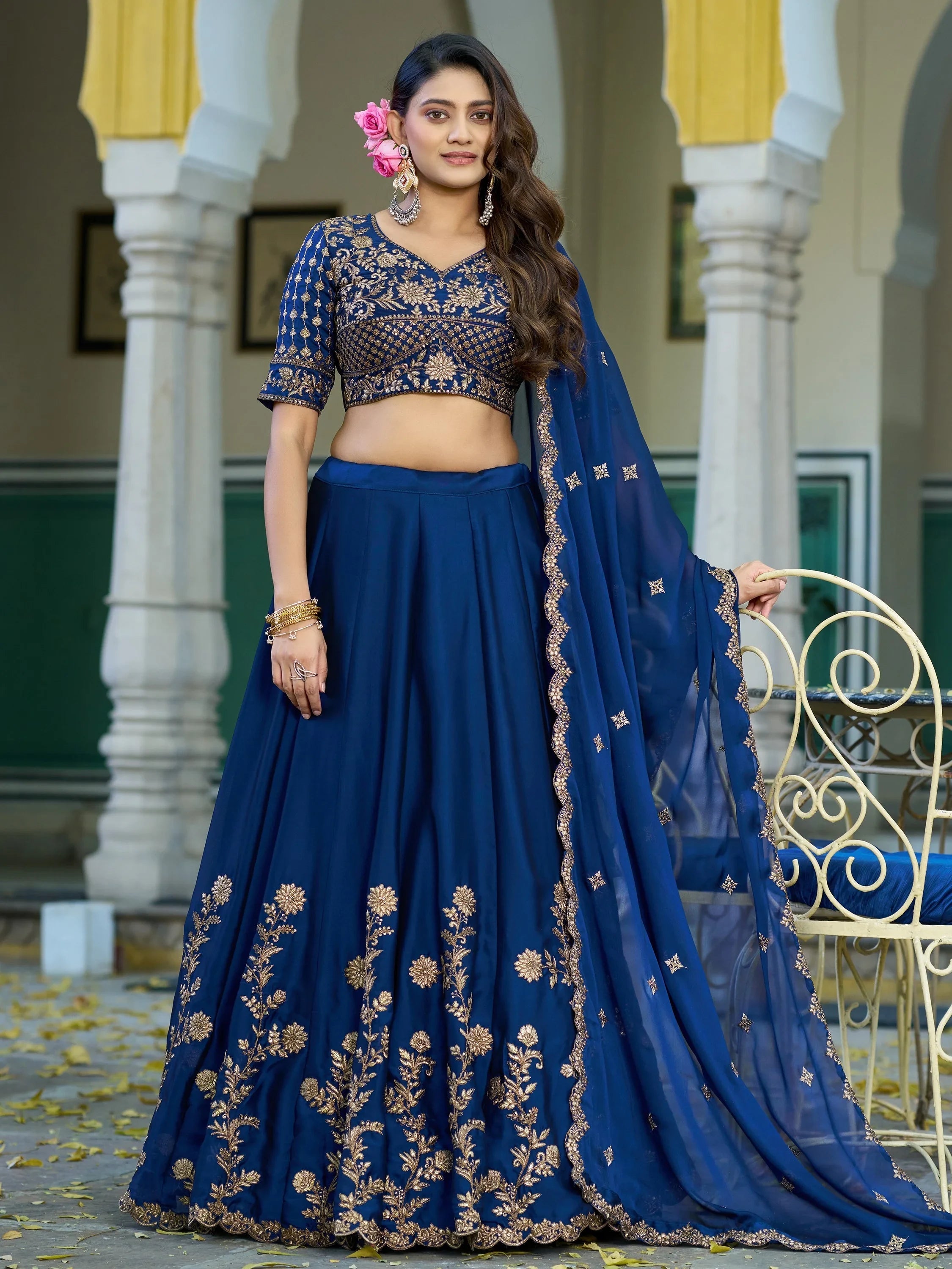Blue Elegant Sequins Work Silk Wedding Wear Lehenga Choli