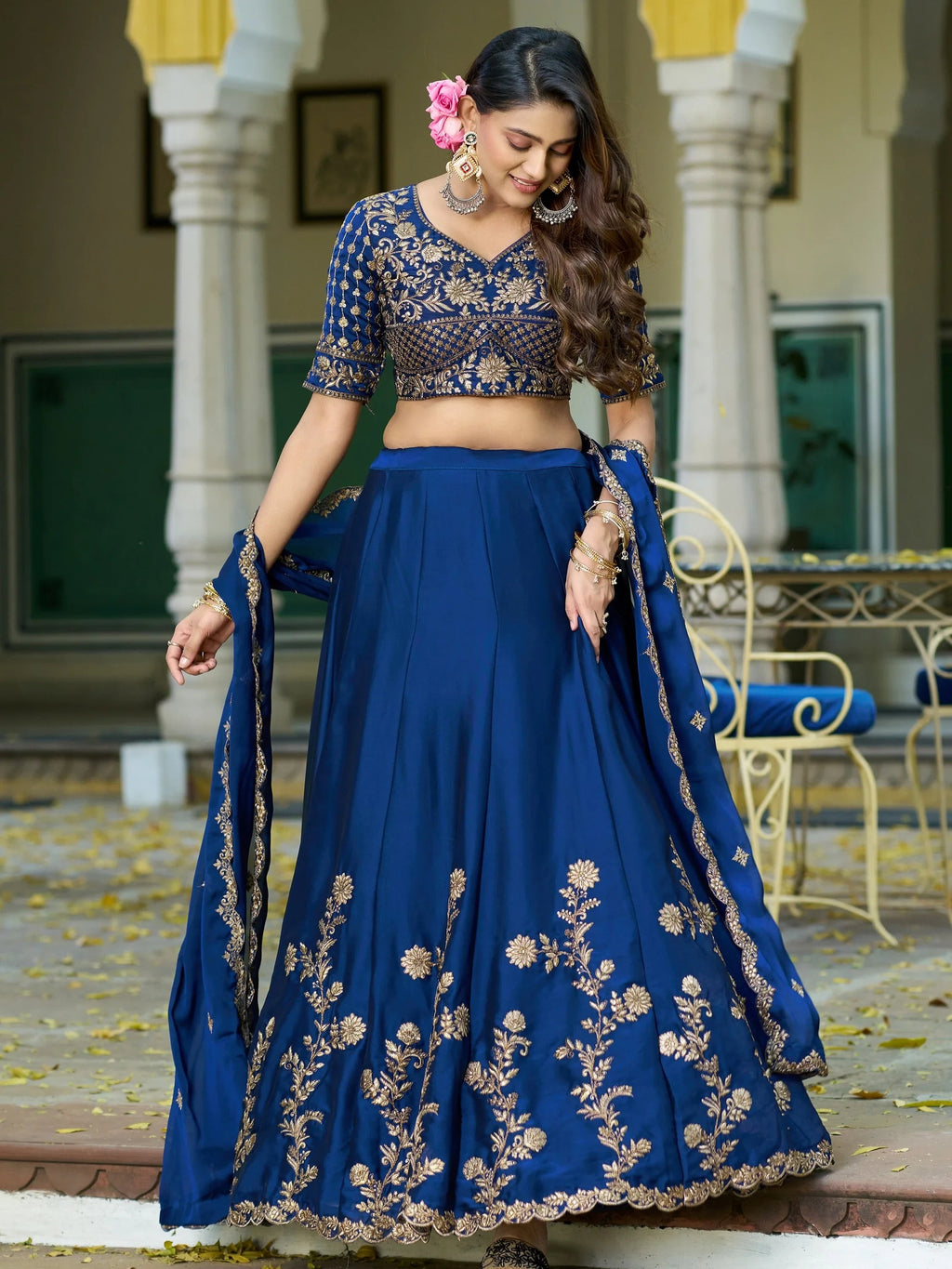 Blue Elegant Sequins Work Silk Wedding Wear Lehenga Choli
