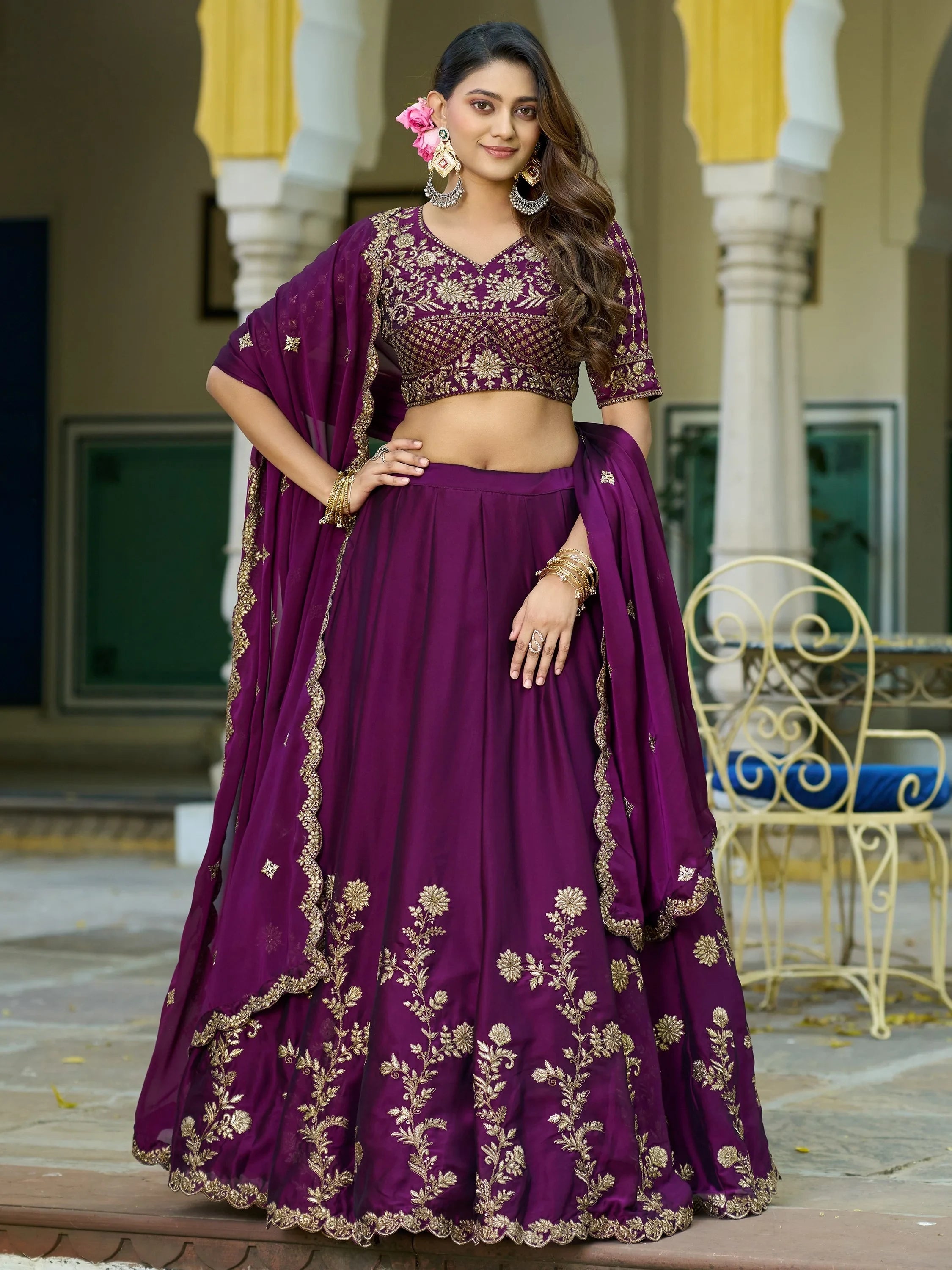 Wine Elegant Sequins Work Silk Wedding Wear Lehenga Choli