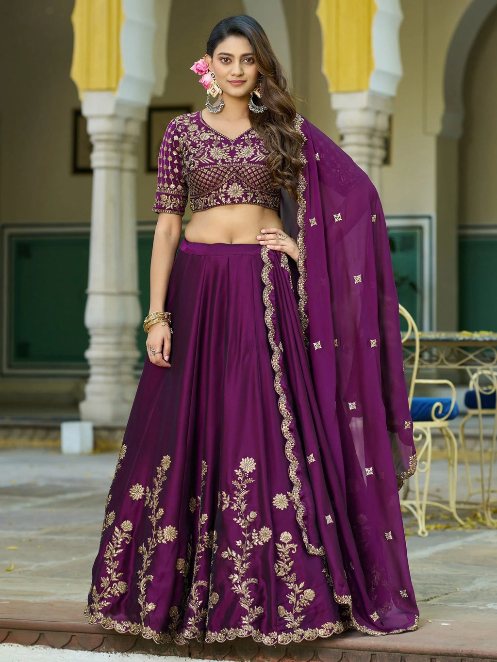 Wine Elegant Sequins Work Silk Wedding Wear Lehenga Choli