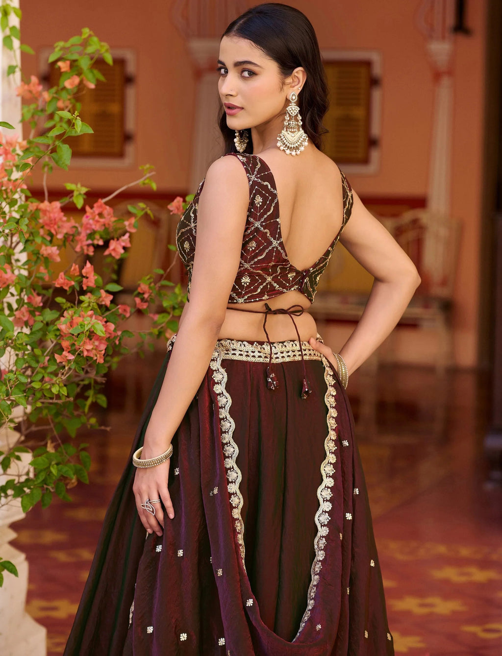 Brown Elegant Thread Embroidered Silk Festival Wear Lehenga Choli