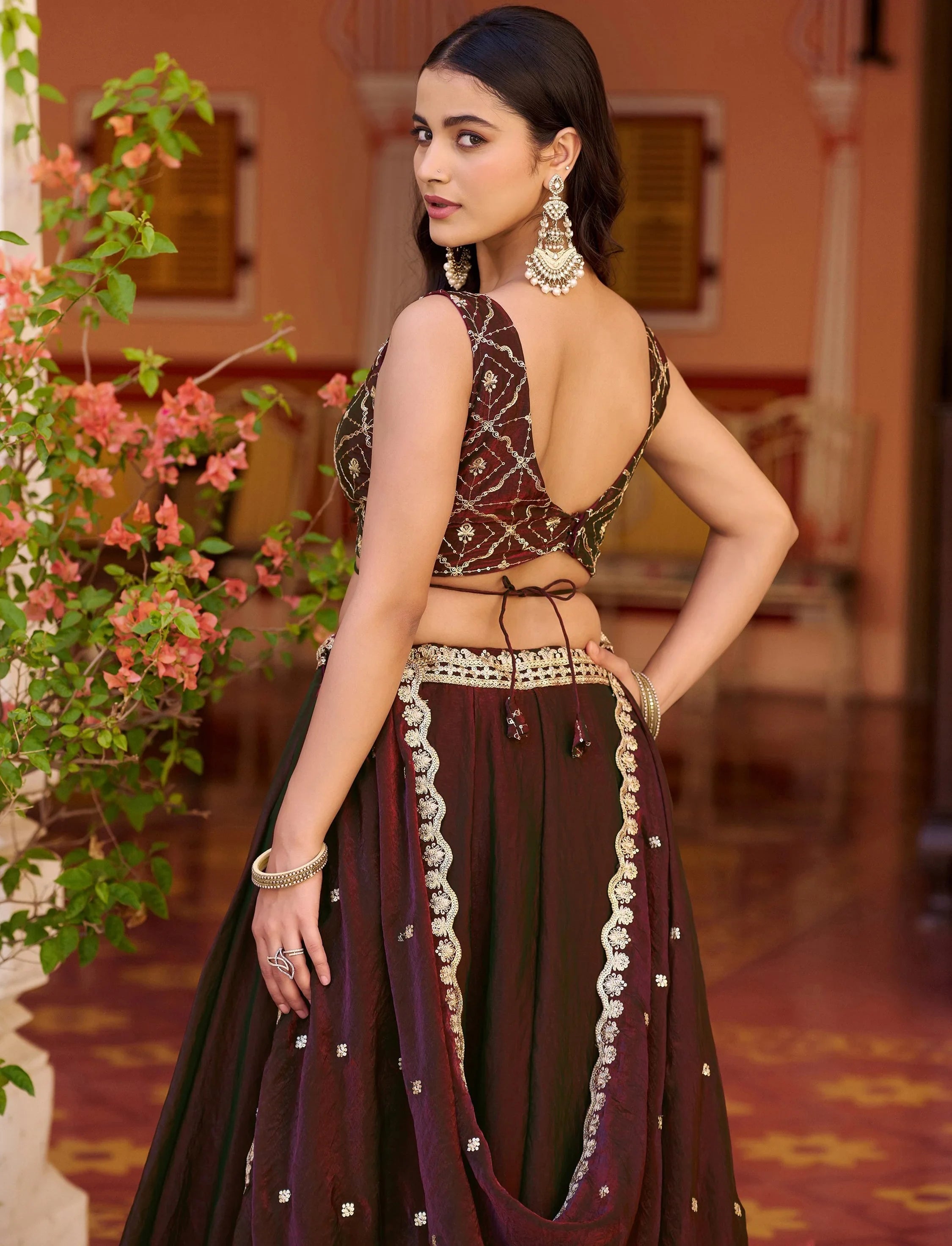 Brown Elegant Thread Embroidered Silk Festival Wear Lehenga Choli