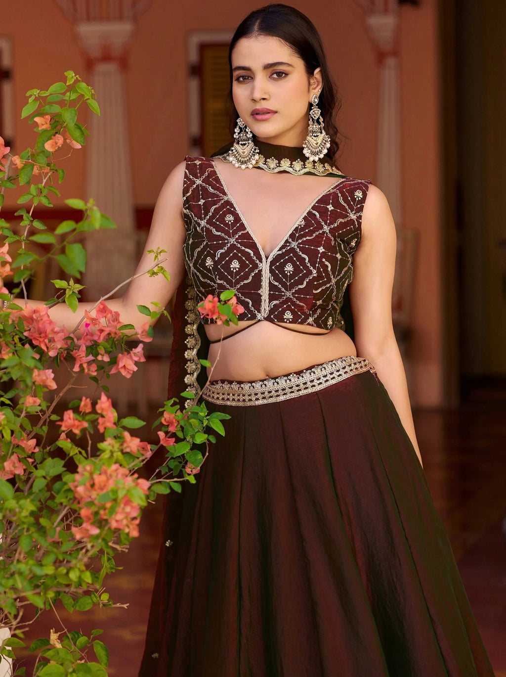 Brown Elegant Thread Embroidered Silk Festival Wear Lehenga Choli