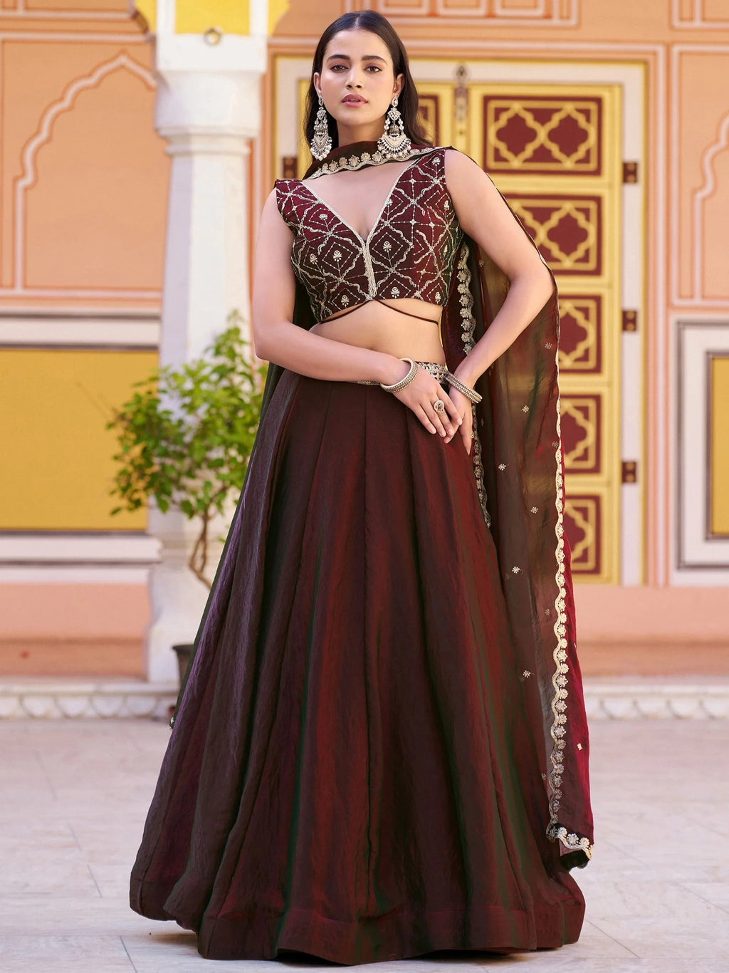 Brown Elegant Thread Embroidered Silk Festival Wear Lehenga Choli