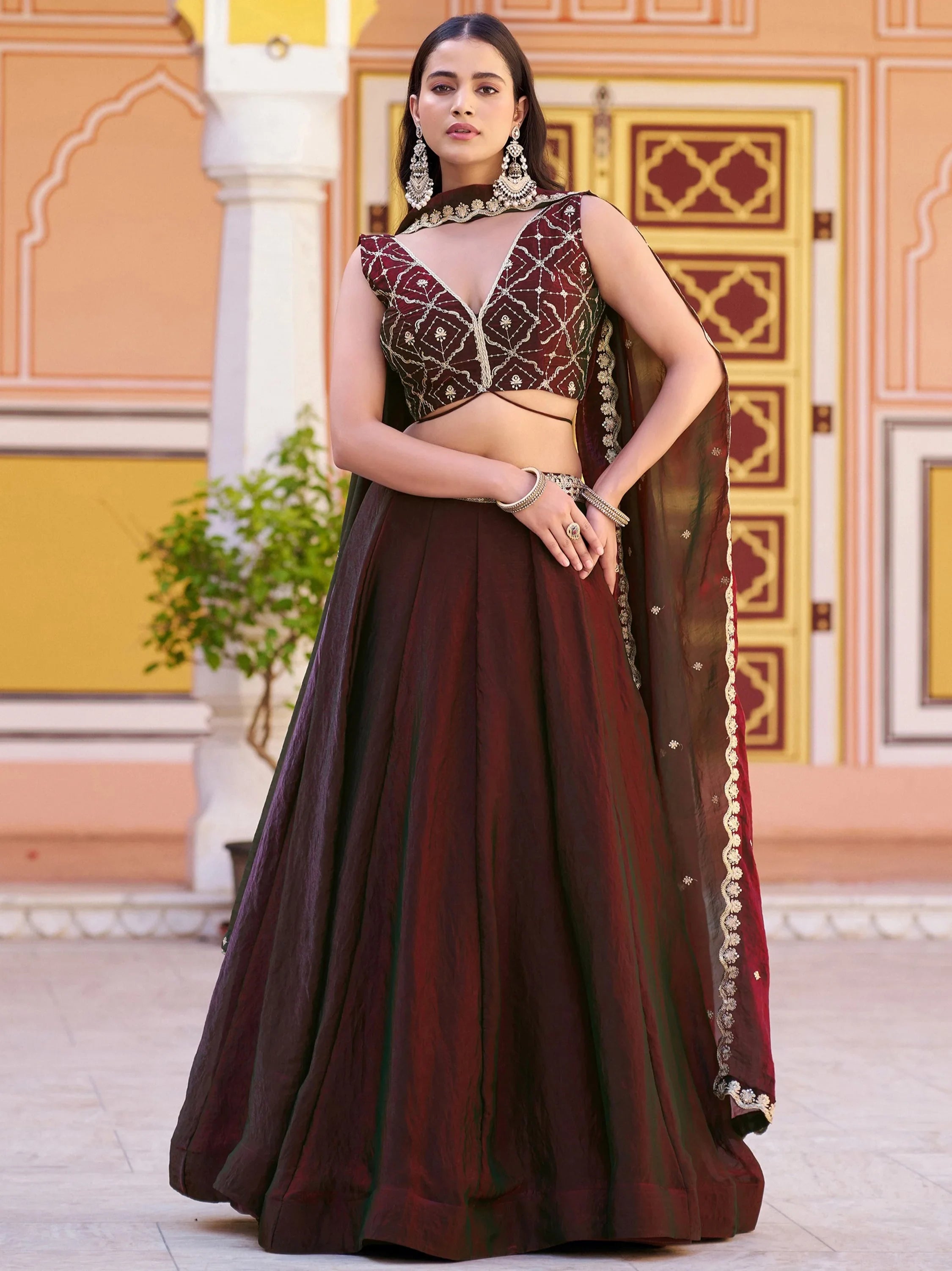 Brown Elegant Thread Embroidered Silk Festival Wear Lehenga Choli
