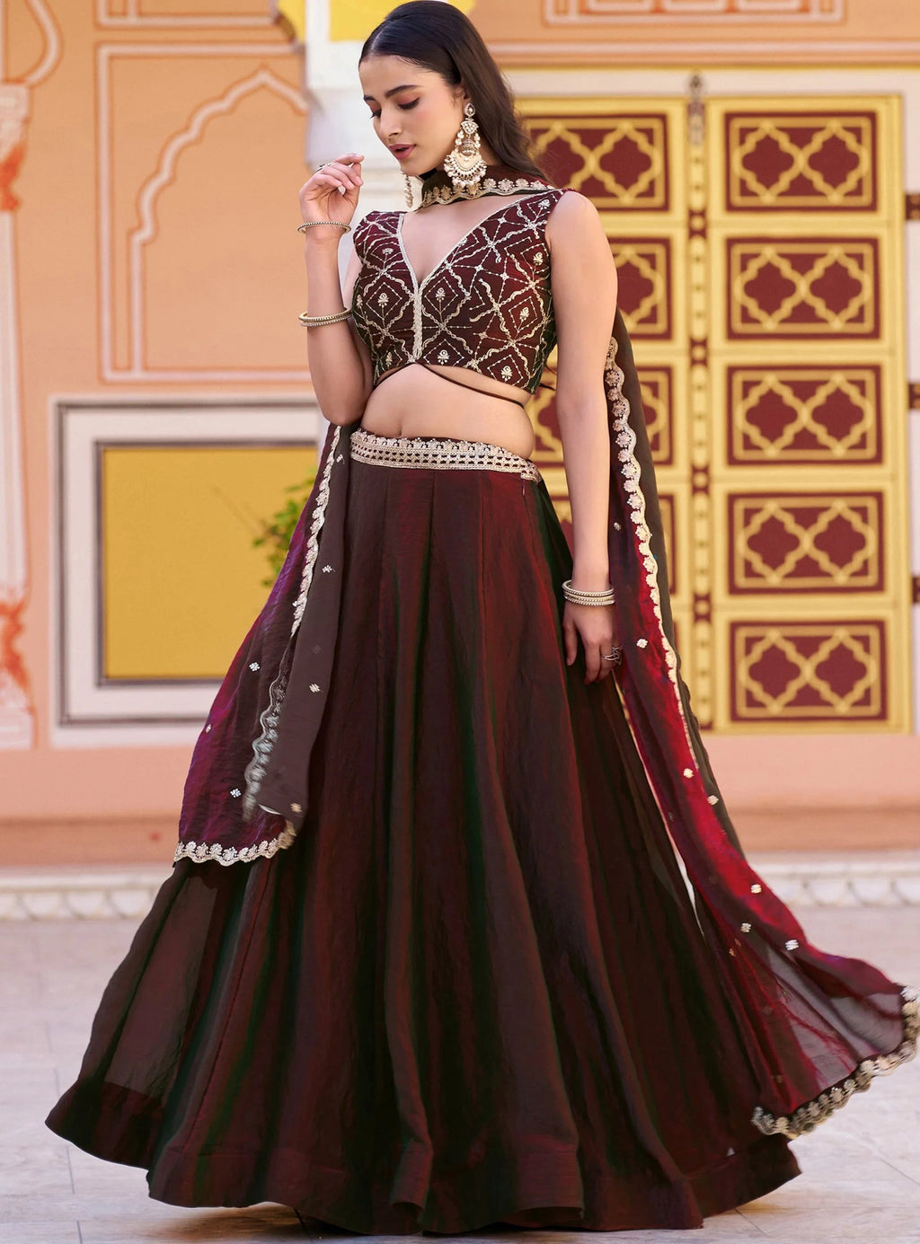 Brown Elegant Thread Embroidered Silk Festival Wear Lehenga Choli