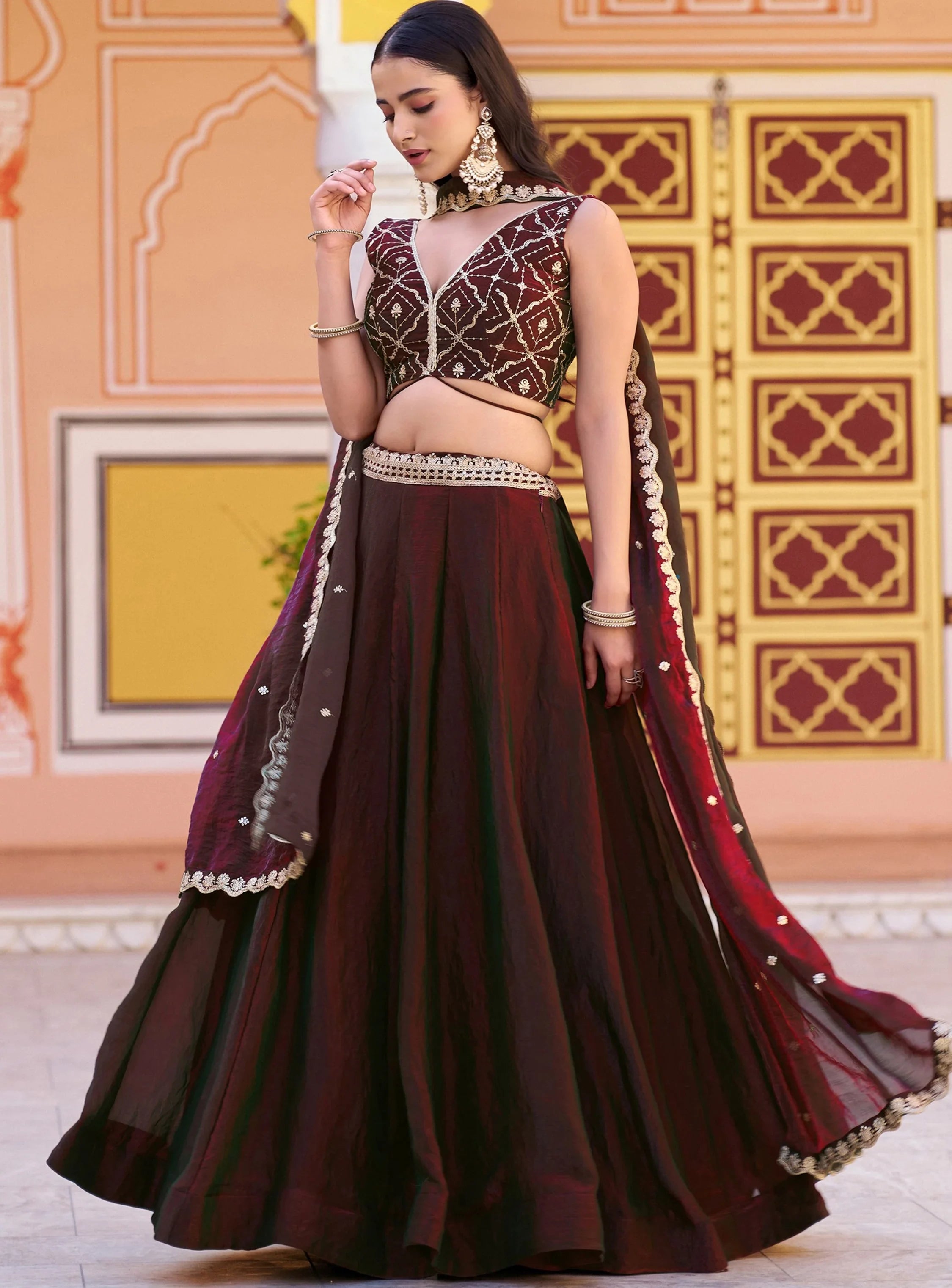 Brown Elegant Thread Embroidered Silk Festival Wear Lehenga Choli