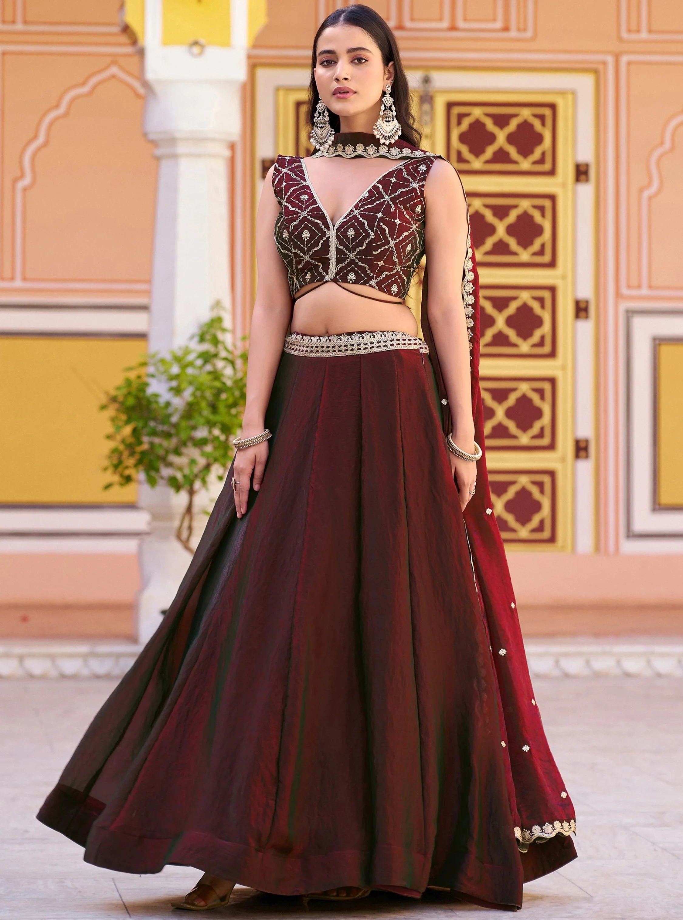Brown Elegant Thread Embroidered Silk Festival Wear Lehenga Choli