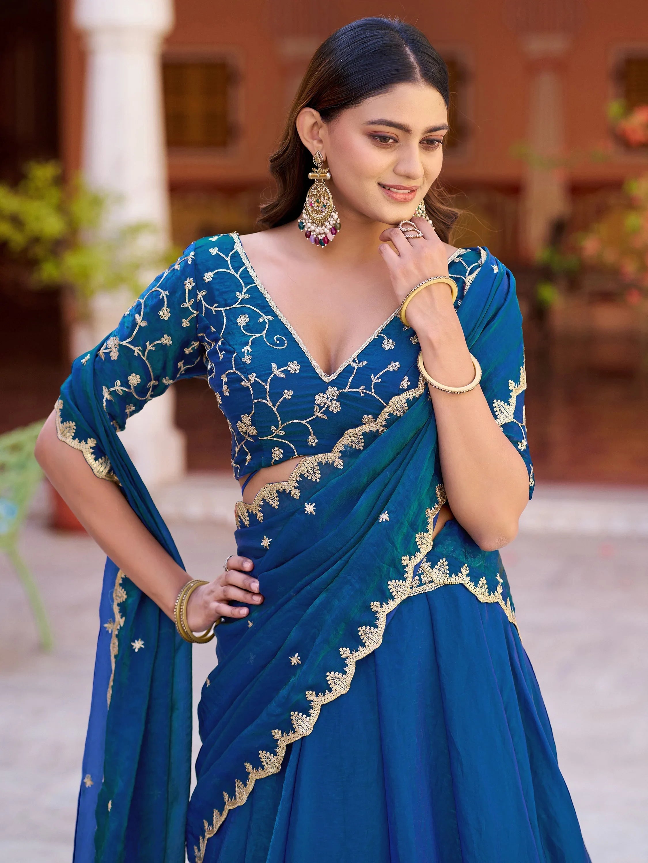 Blue Elegant Thread Embroidered Silk Festival Wear Lehenga Choli