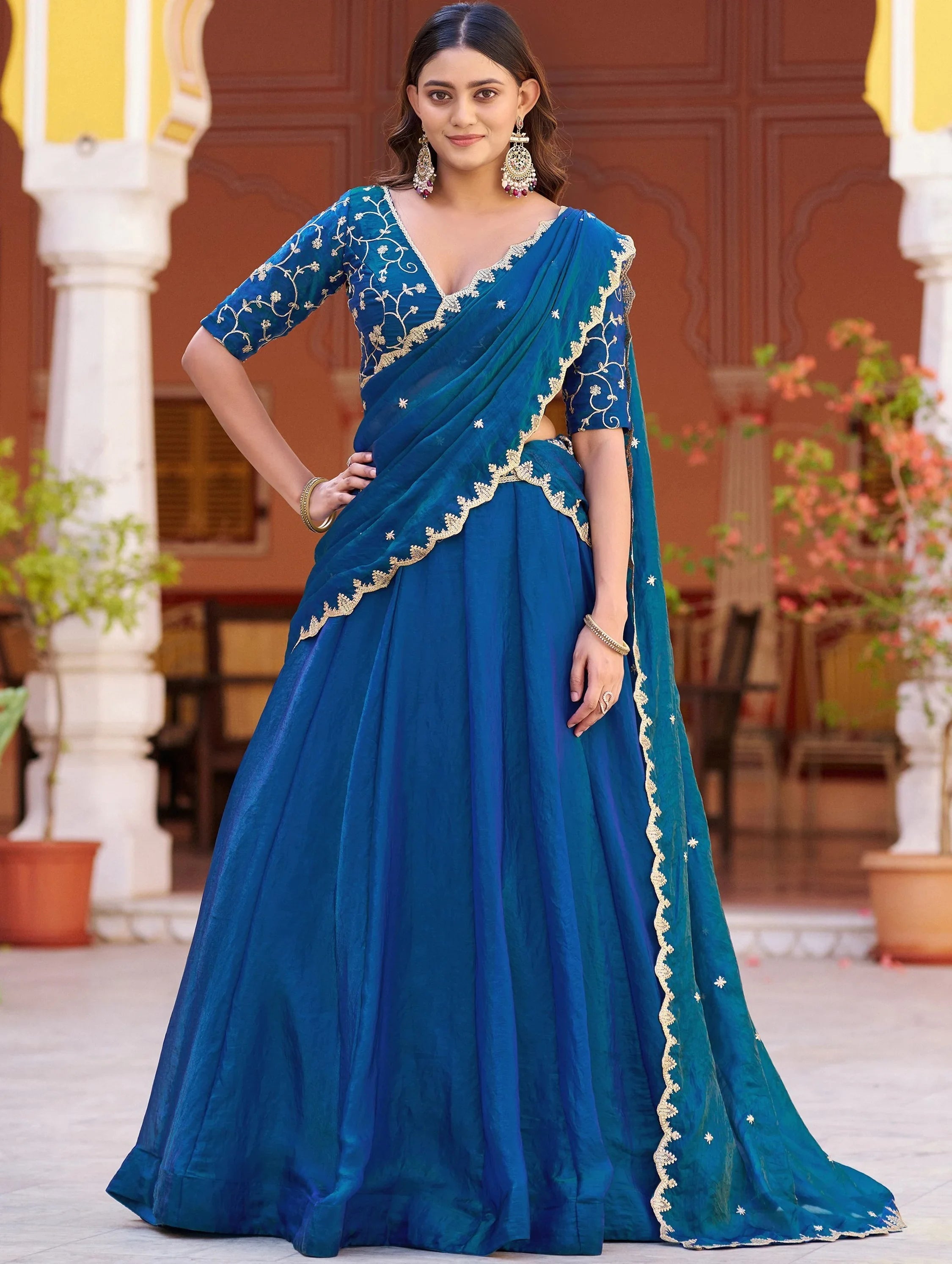 Blue Elegant Thread Embroidered Silk Festival Wear Lehenga Choli