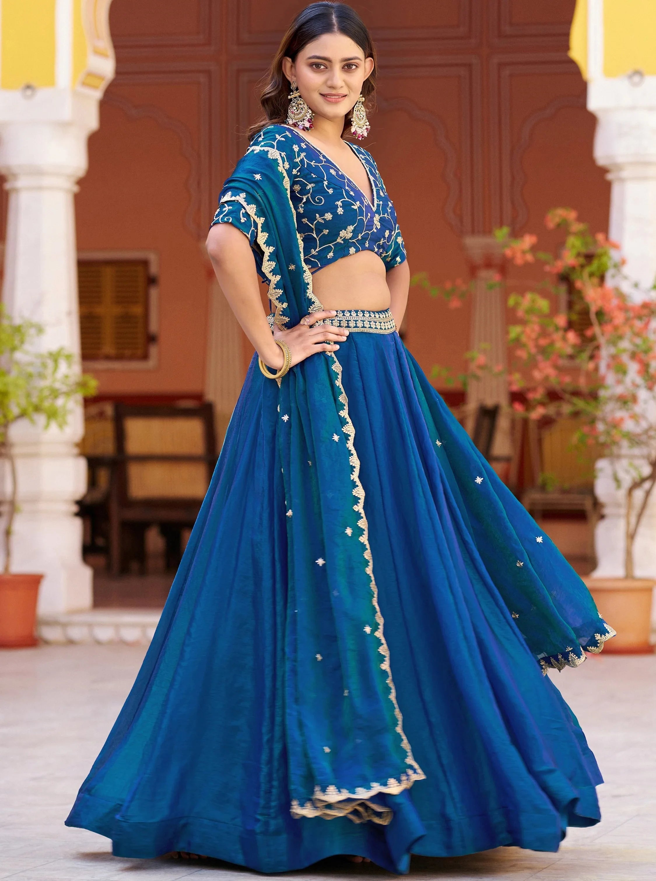 Blue Elegant Thread Embroidered Silk Festival Wear Lehenga Choli