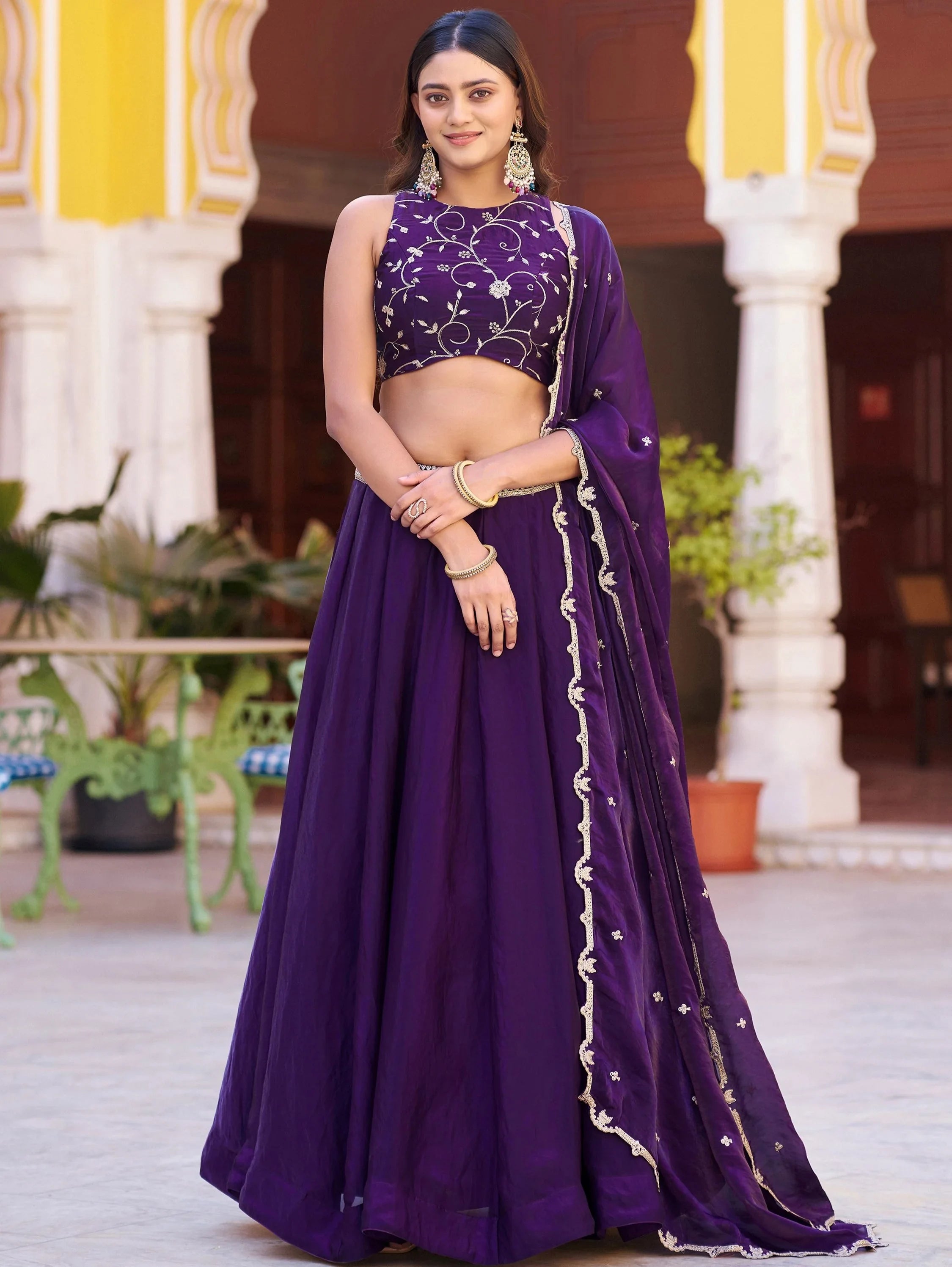Purple Elegant Thread Embroidered Silk Festival Wear Lehenga Choli