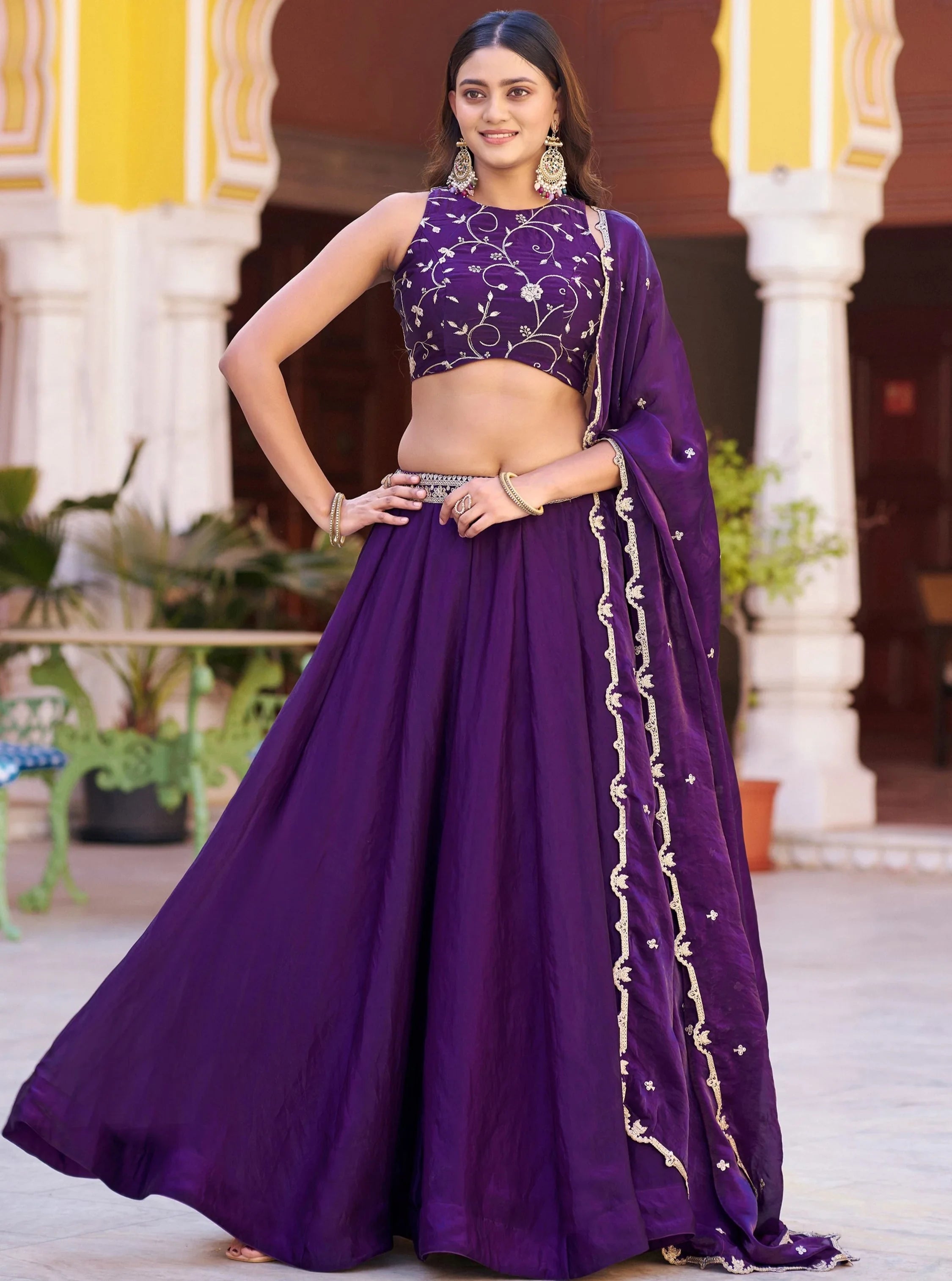 Purple Elegant Thread Embroidered Silk Festival Wear Lehenga Choli