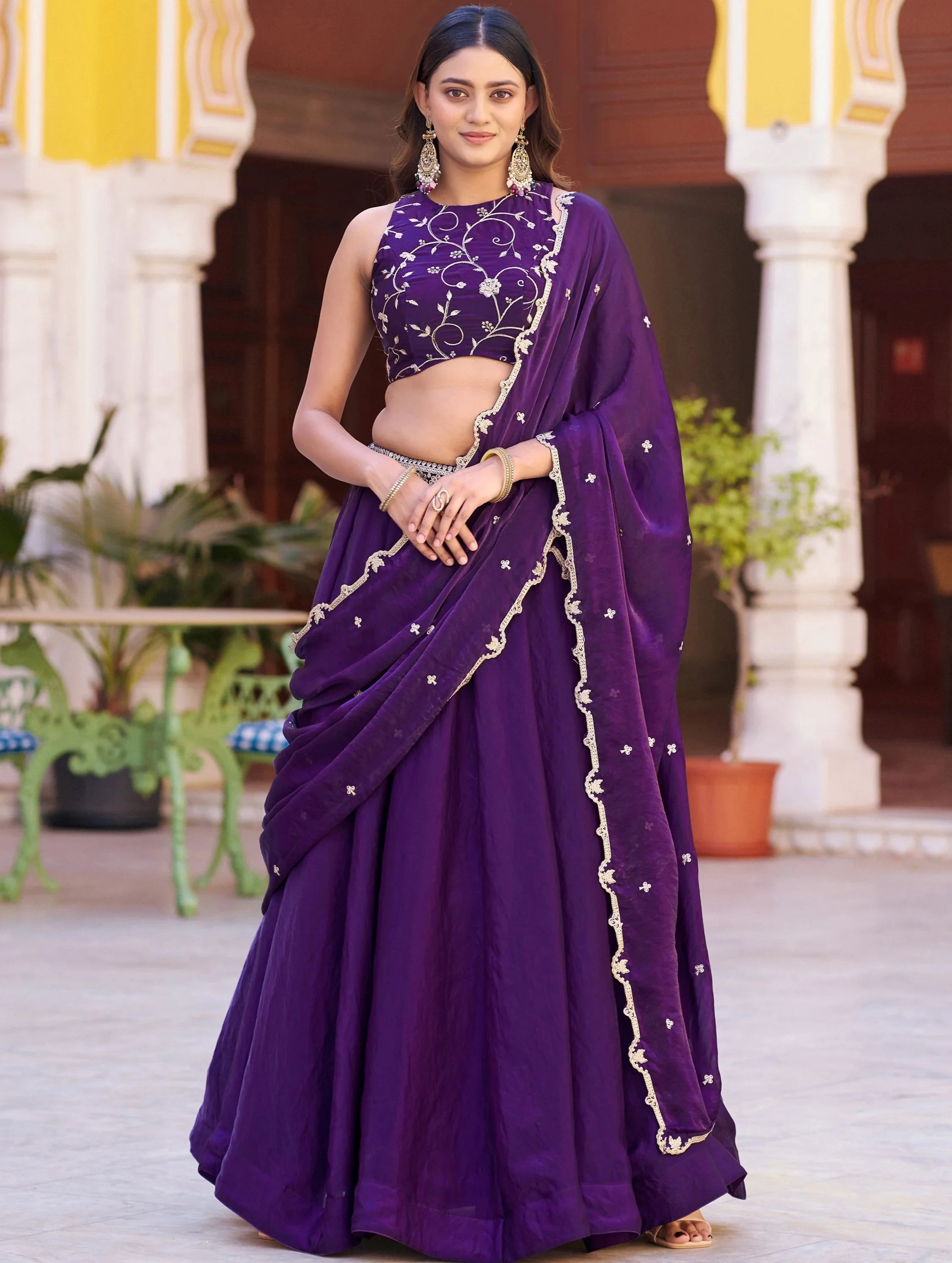 Purple Elegant Thread Embroidered Silk Festival Wear Lehenga Choli
