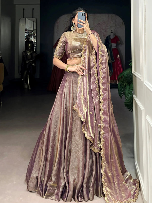 Lilac Stunning Organza Sequins Traditional Lehenga Choli With Dupatta