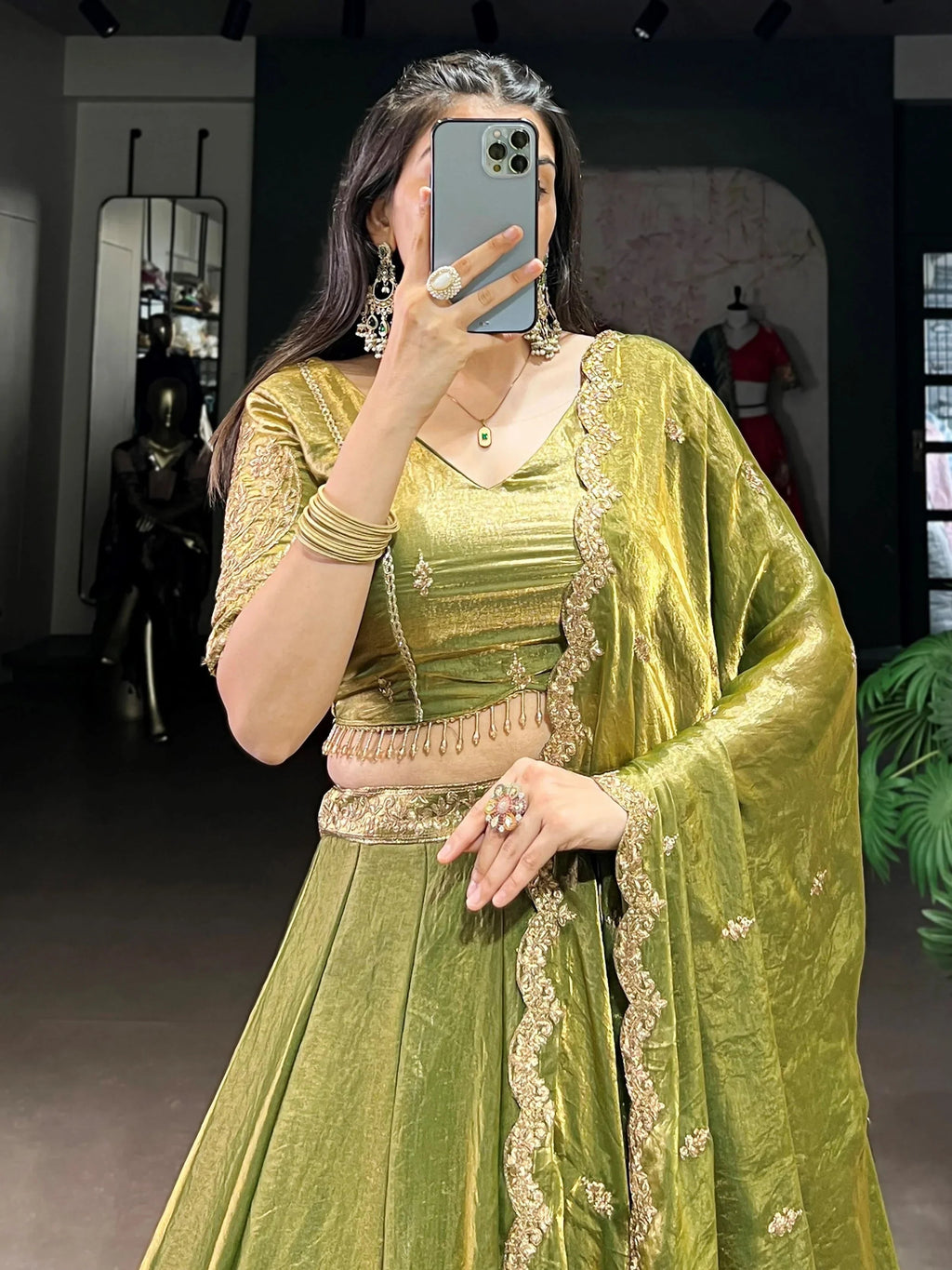 Green Stunning Organza Sequins Traditional Lehenga Choli With Dupatta