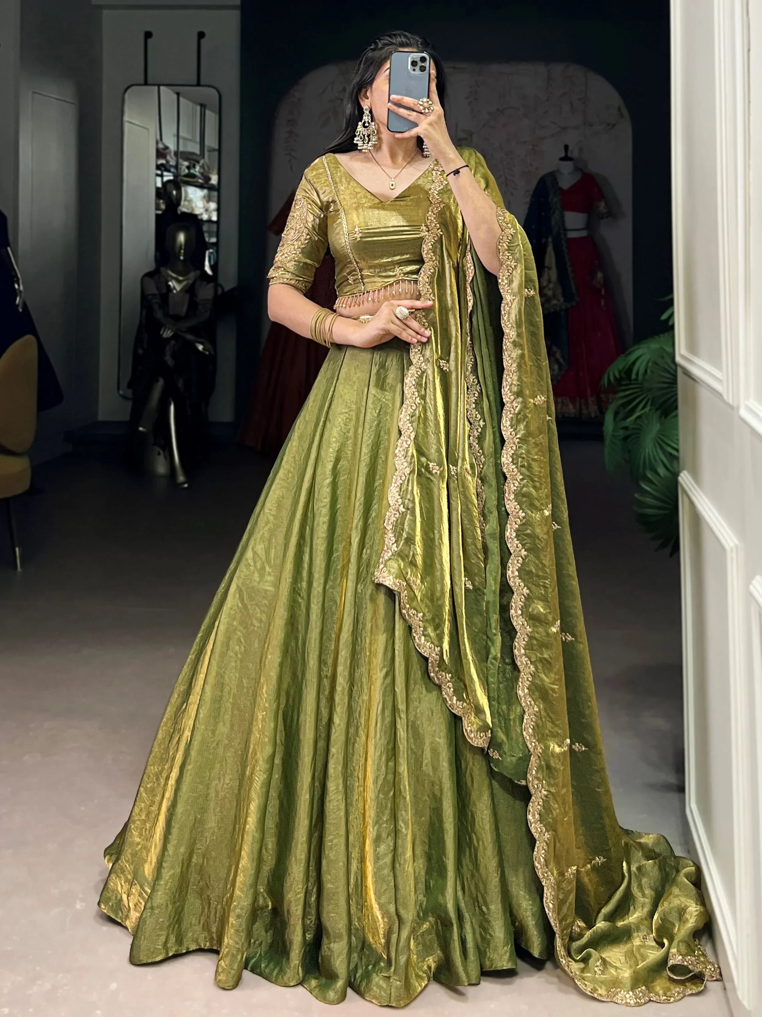 Green Stunning Organza Sequins Traditional Lehenga Choli With Dupatta