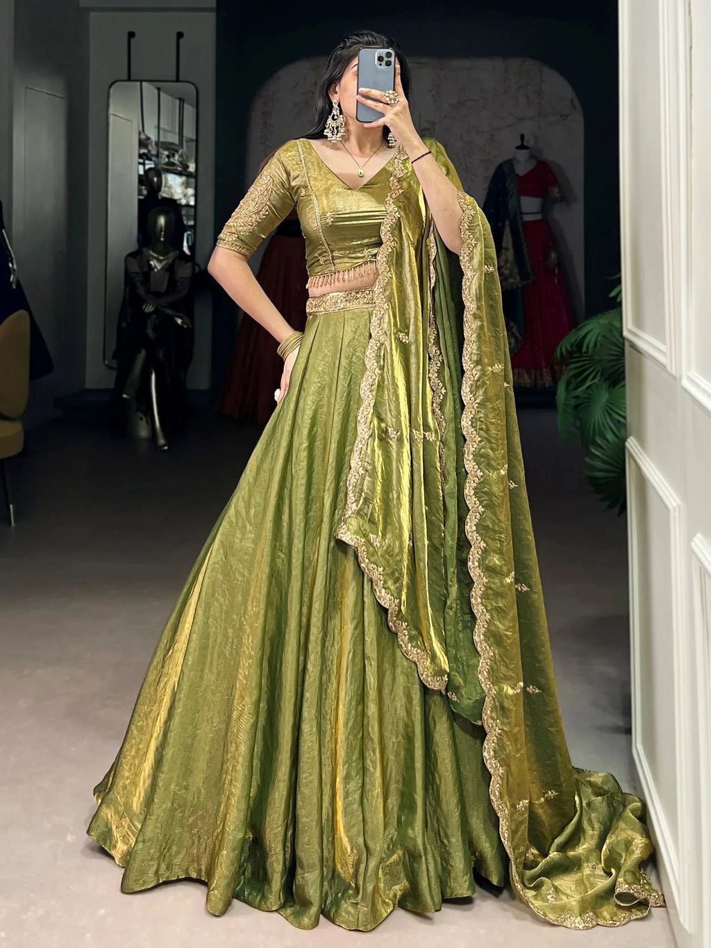 Green Stunning Organza Sequins Traditional Lehenga Choli With Dupatta