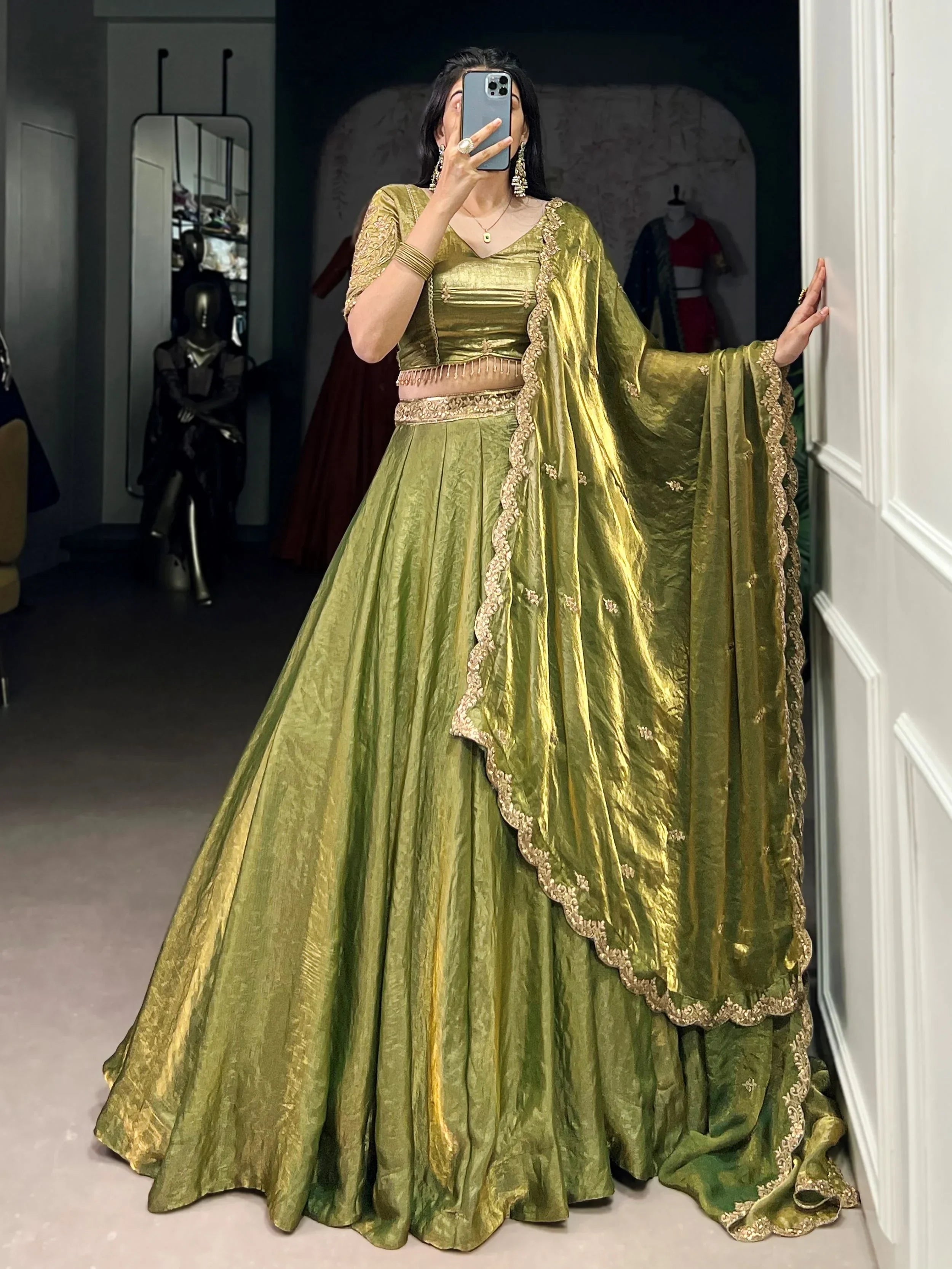Green Stunning Organza Sequins Traditional Lehenga Choli With Dupatta