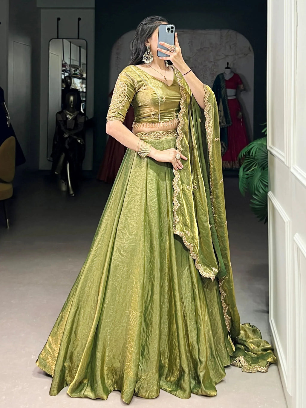 Green Stunning Organza Sequins Traditional Lehenga Choli With Dupatta