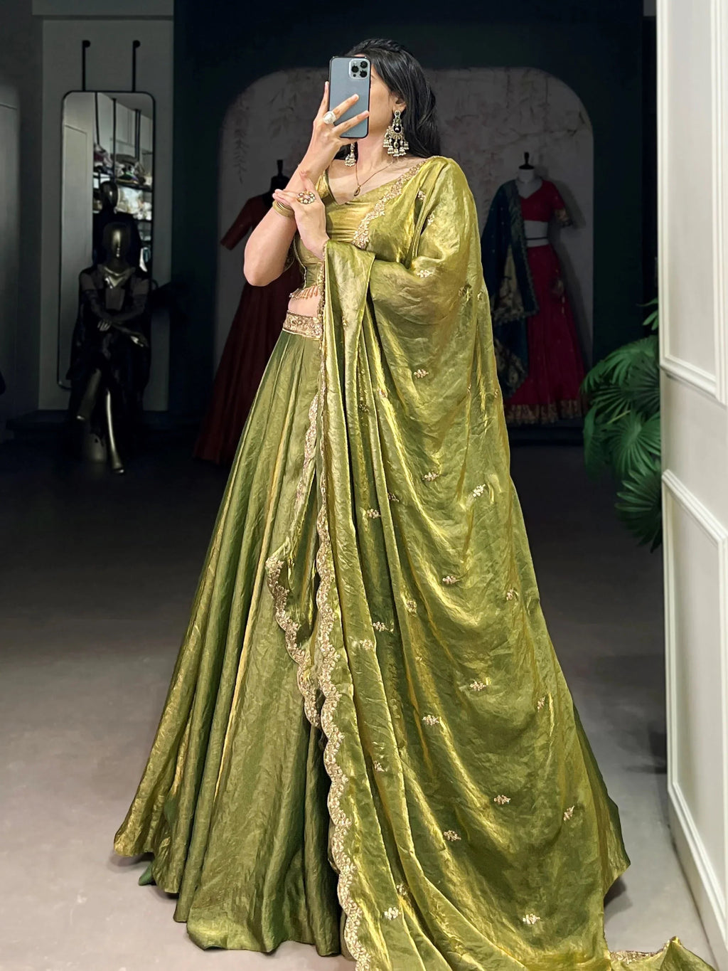 Green Stunning Organza Sequins Traditional Lehenga Choli With Dupatta