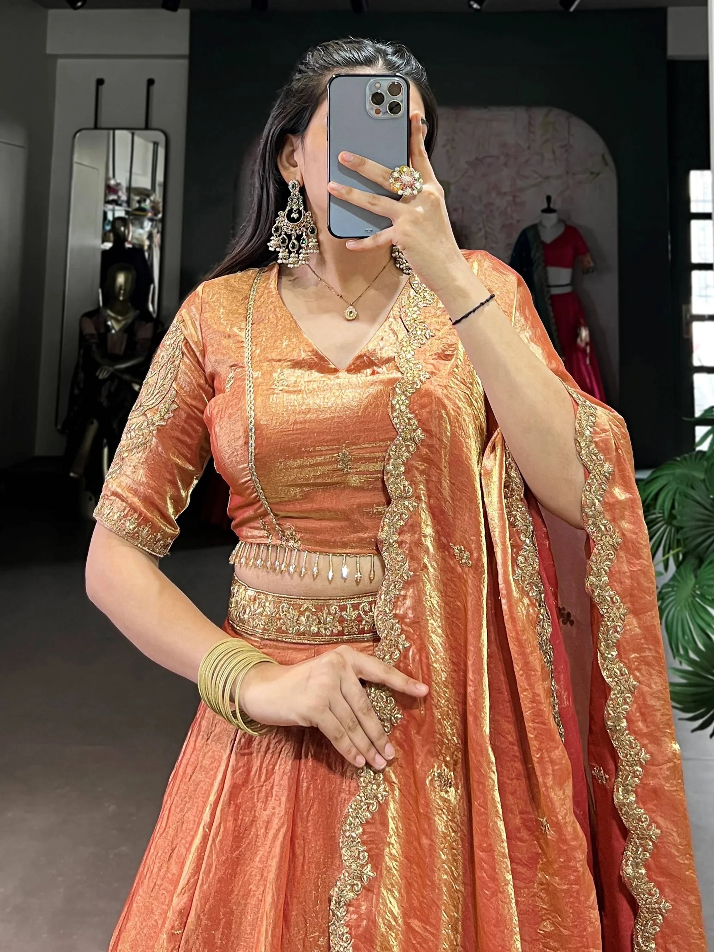 Orange Stunning Organza Sequins Traditional Lehenga Choli With Dupatta