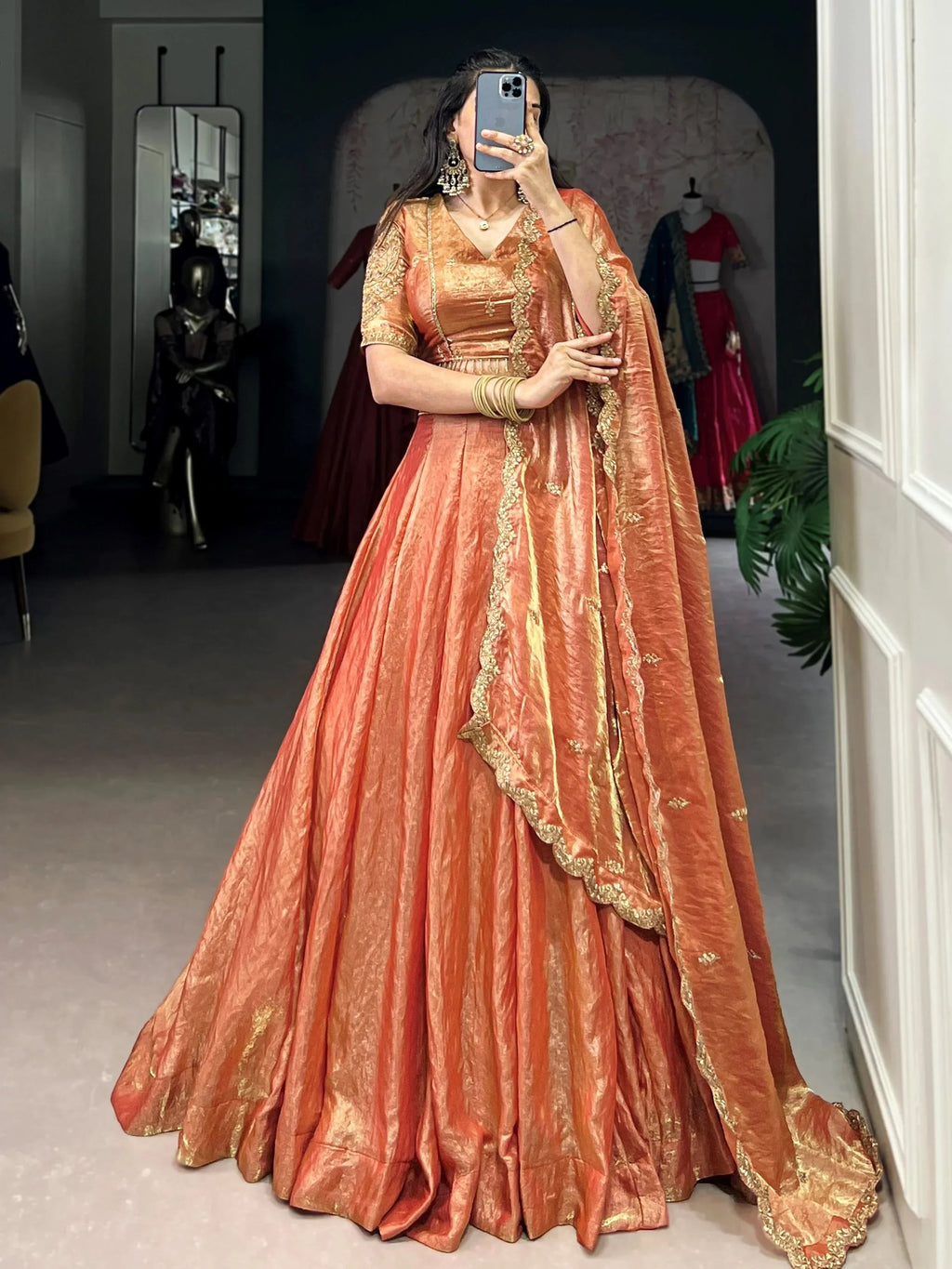 Orange Stunning Organza Sequins Traditional Lehenga Choli With Dupatta