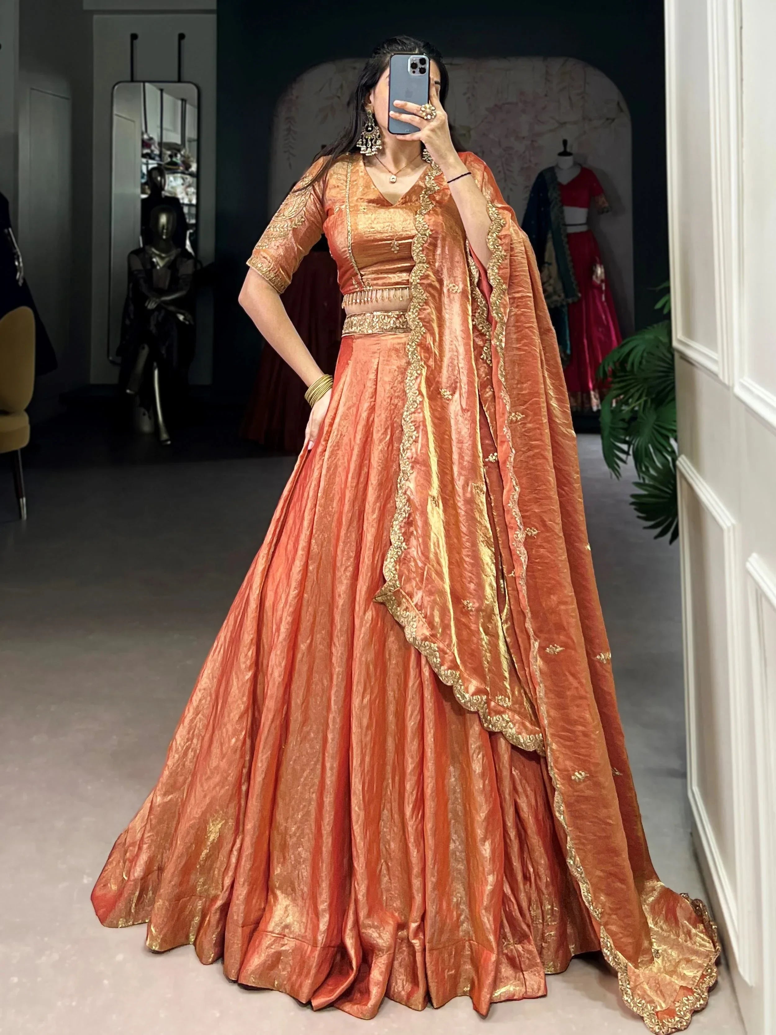Orange Stunning Organza Sequins Traditional Lehenga Choli With Dupatta