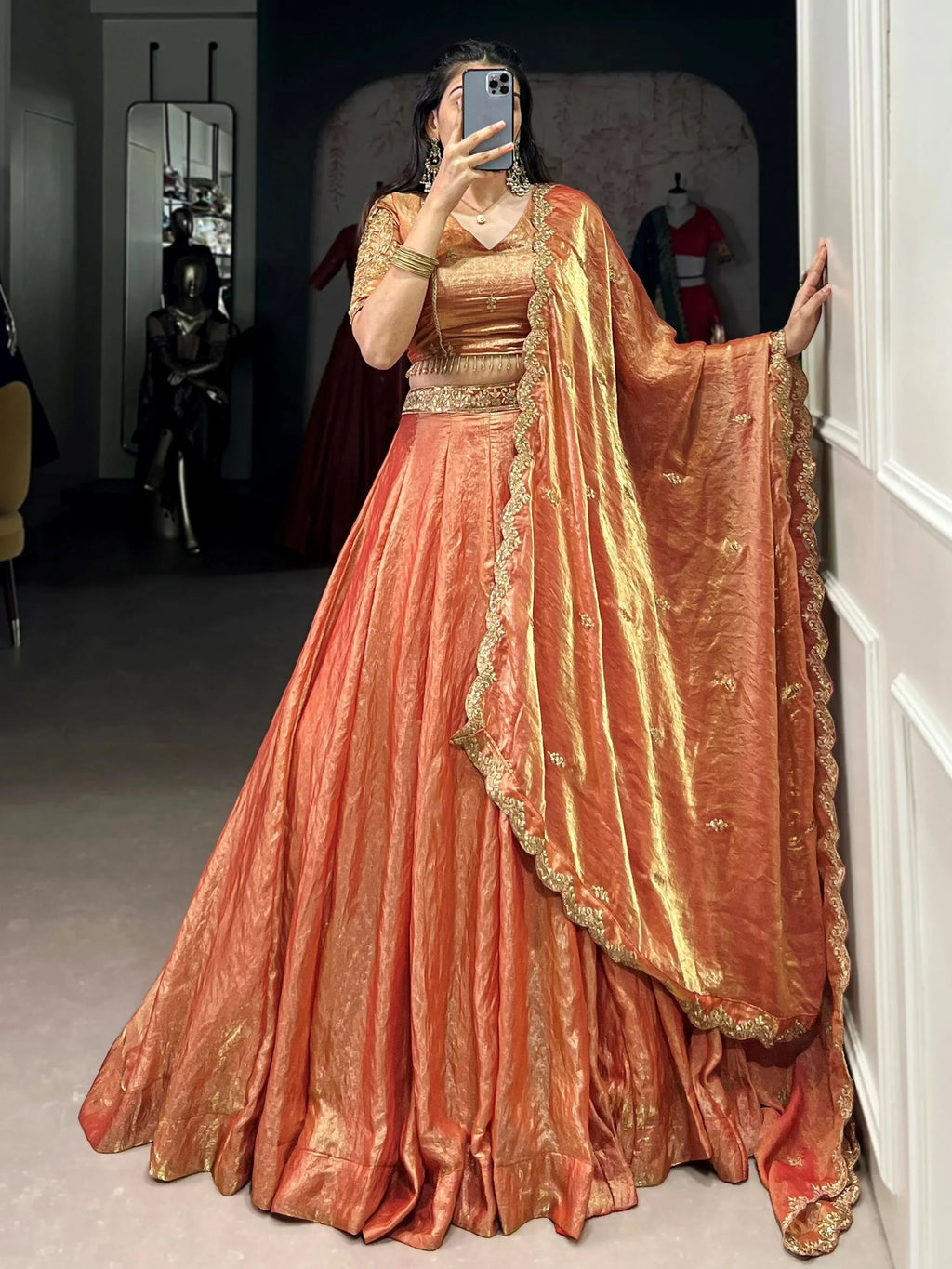 Orange Stunning Organza Sequins Traditional Lehenga Choli With Dupatta