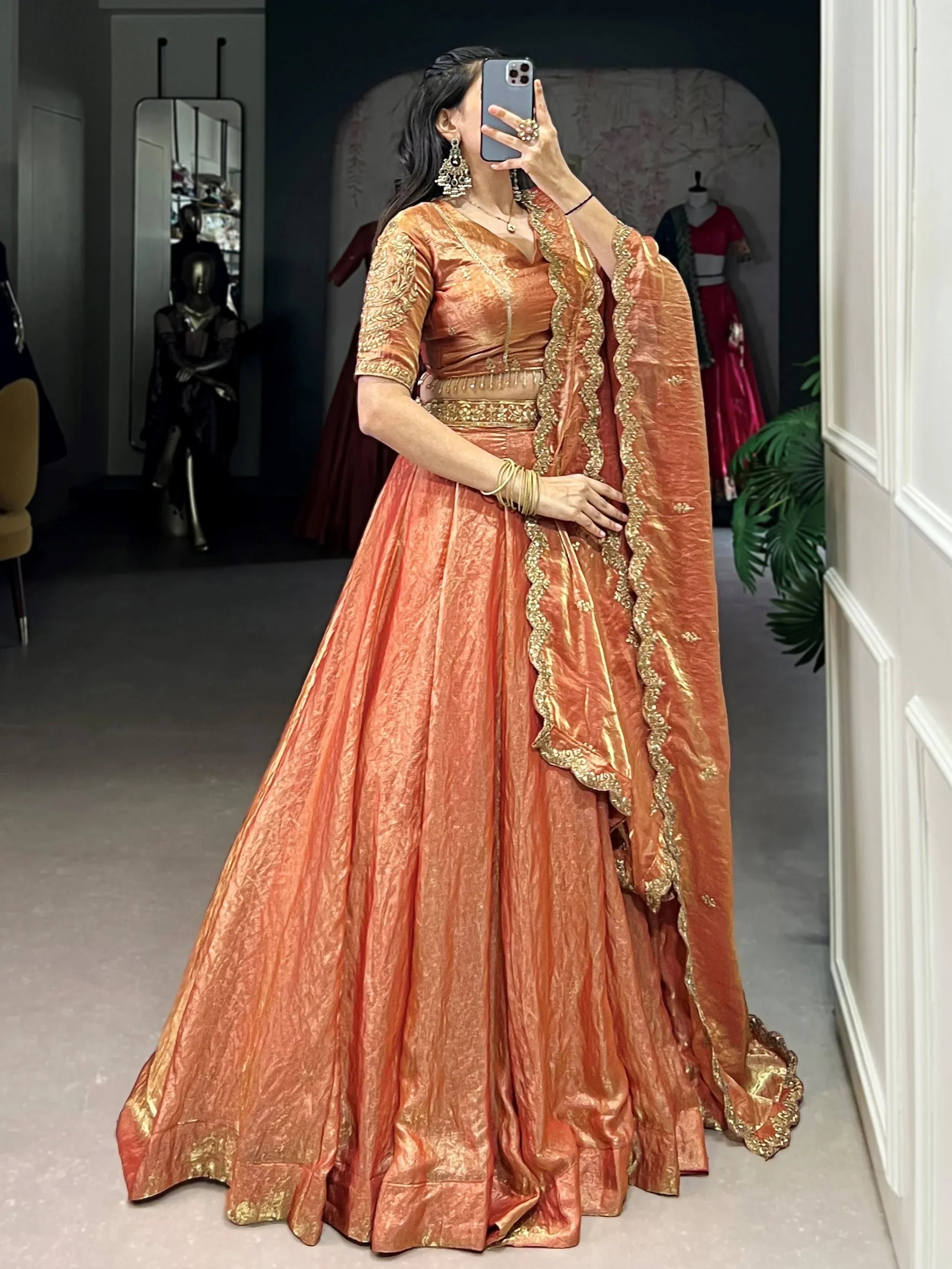 Orange Stunning Organza Sequins Traditional Lehenga Choli With Dupatta