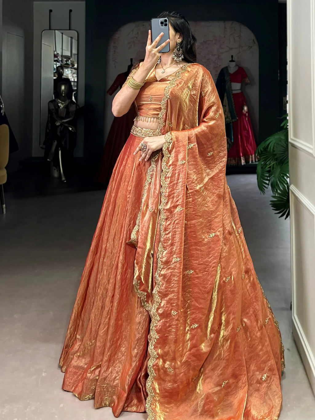 Orange Stunning Organza Sequins Traditional Lehenga Choli With Dupatta