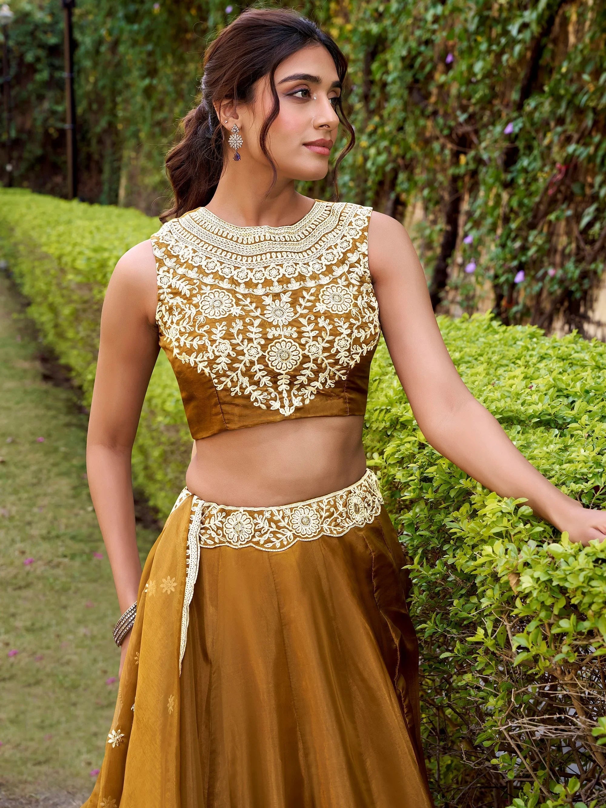 Brown Silk Embroidered Function Wear Lehenga Choli for Women