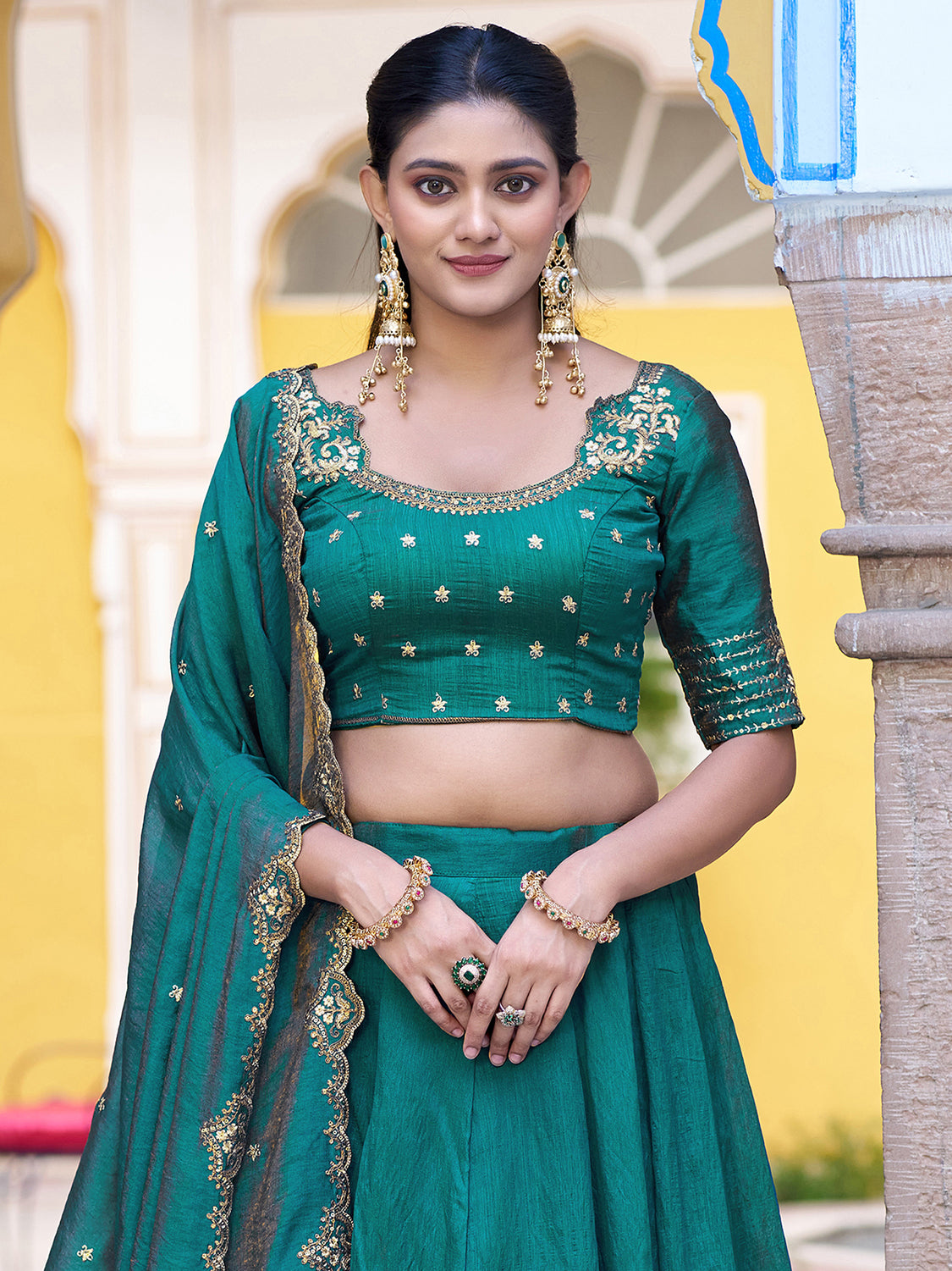 Wonderful Teal Green Silk Event Wear Lehenga With Sequins Blouse