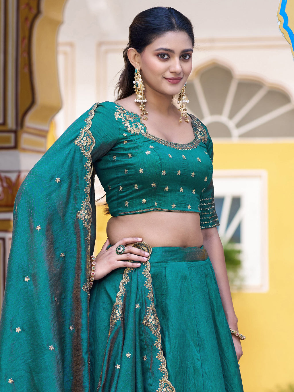 Wonderful Teal Green Silk Event Wear Lehenga With Sequins Blouse