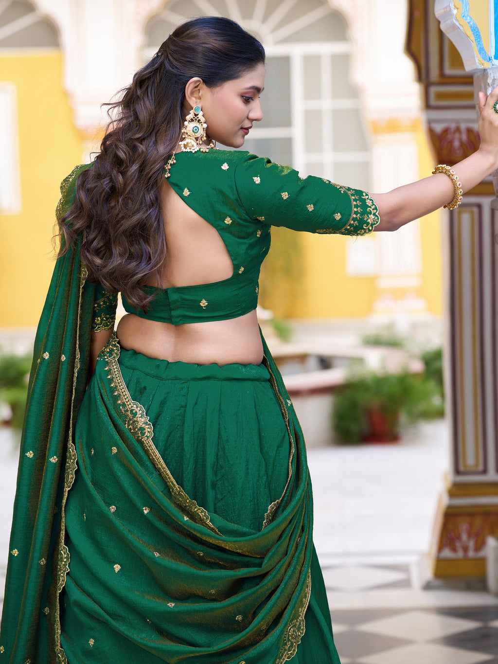 Radiant Green Pink Thread Work Silk Mehendi Wear Lehenga Choli